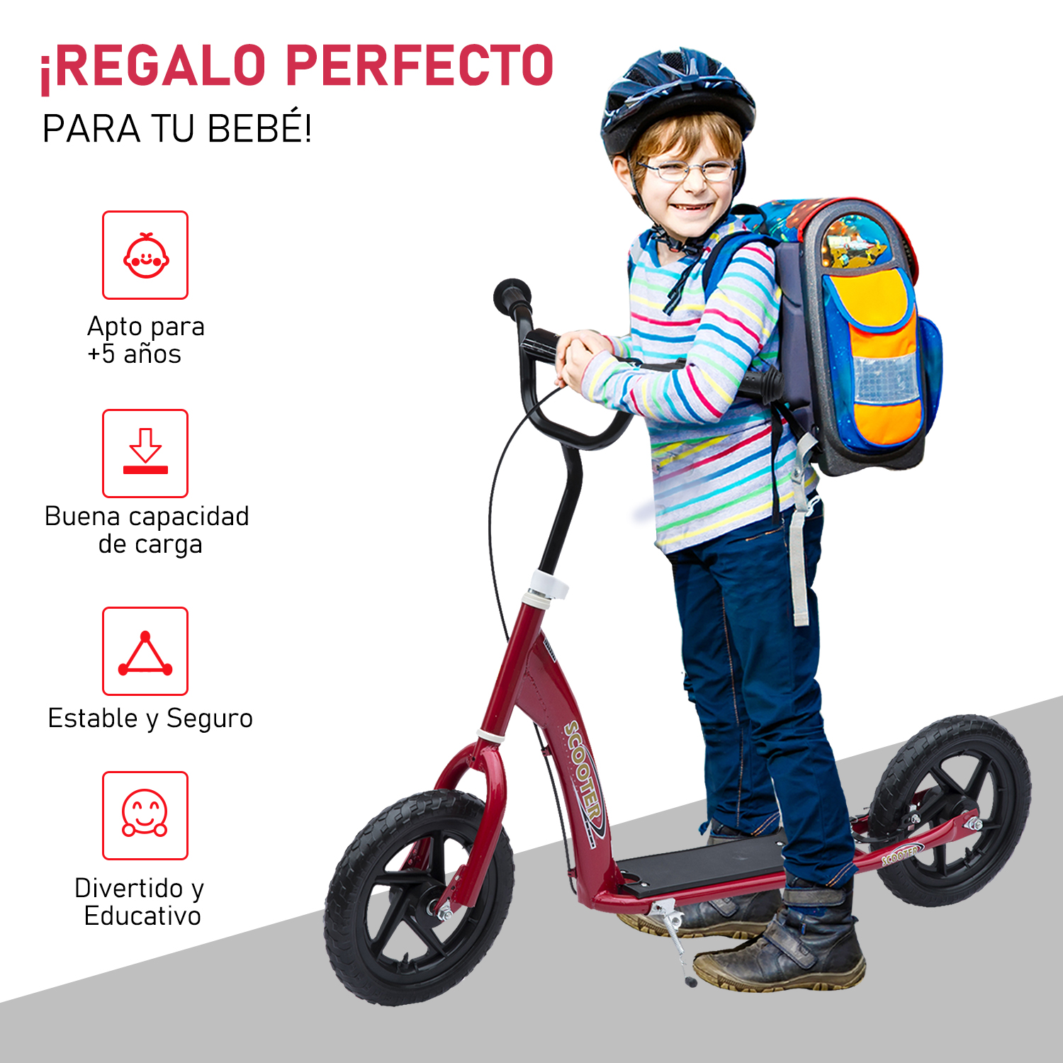Un niño con gafas y casco está de pie sobre un patinete rojo, sonriendo. Lleva una mochila. Texto: ¡Regalo perfecto para tu bebé!