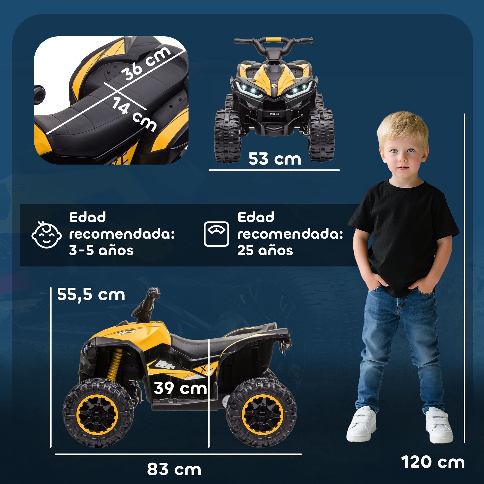 Un niño está junto a un quad de juguete amarillo y negro. Se proporcionan las dimensiones. El quad es para niños de 3 a 5 años.