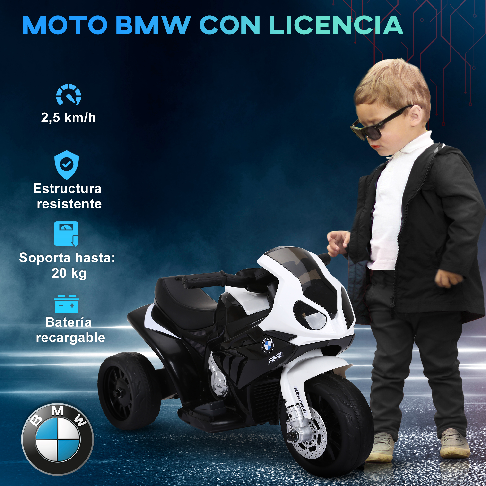 Un niño con gafas de sol está de pie cerca de una motocicleta de juguete BMW blanca y negra. El fondo es azul degradado.