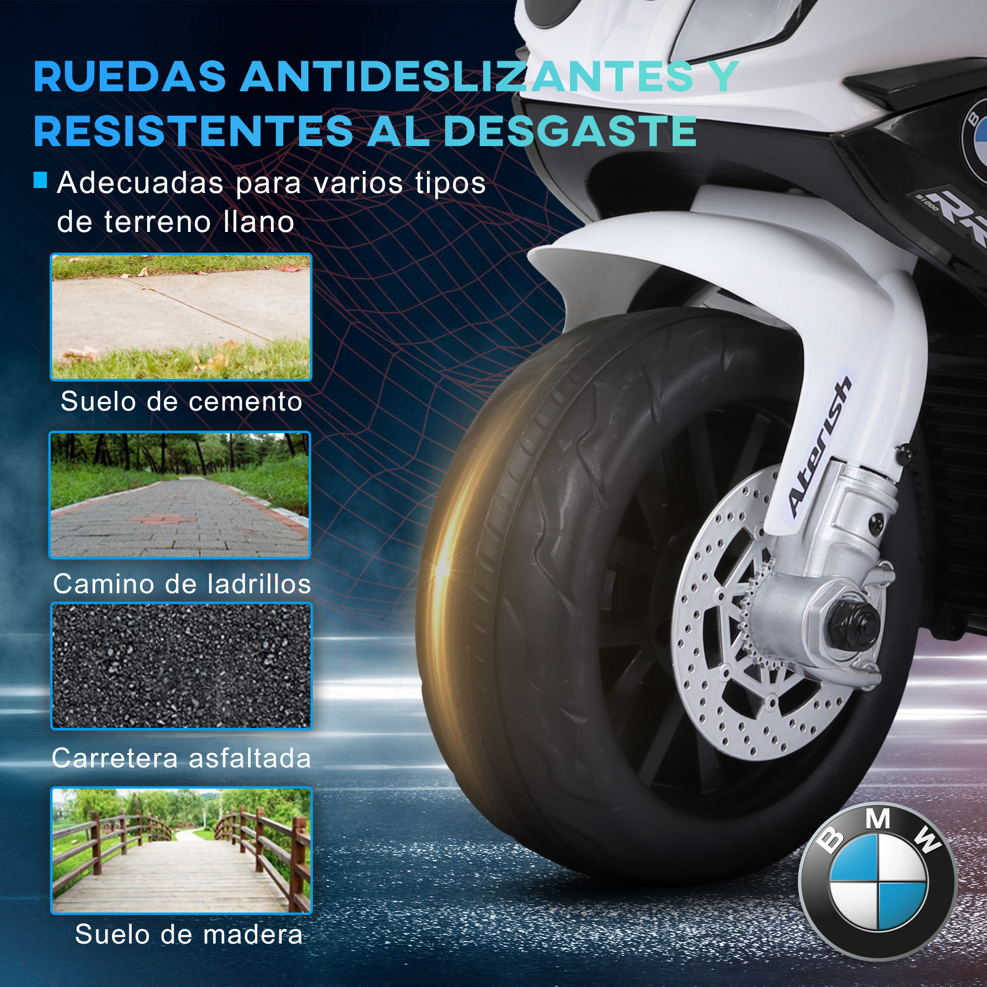 Se muestra una llanta de motocicleta blanca y negra con el logo de BMW, junto con imágenes de diferentes superficies de carretera.