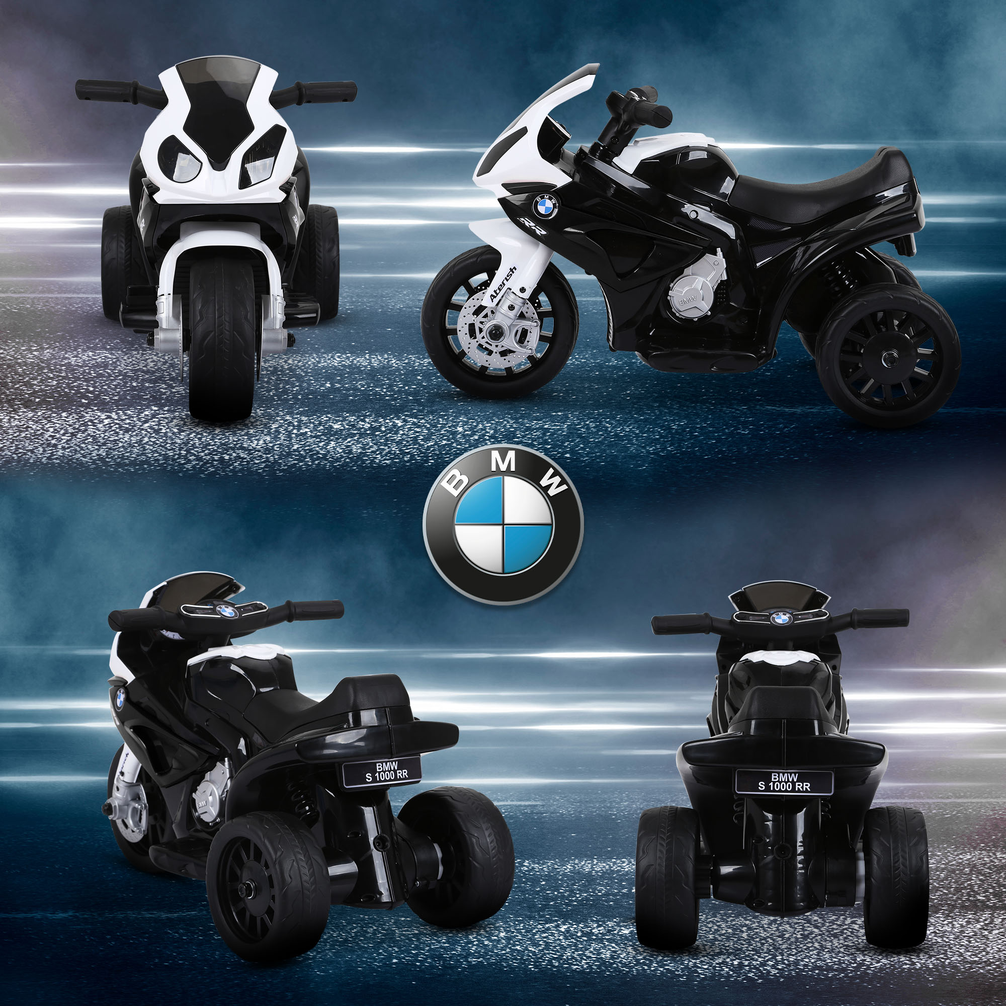 La imagen muestra cuatro vistas de una motocicleta BMW para niños en blanco y negro con tres ruedas sobre un fondo azul.