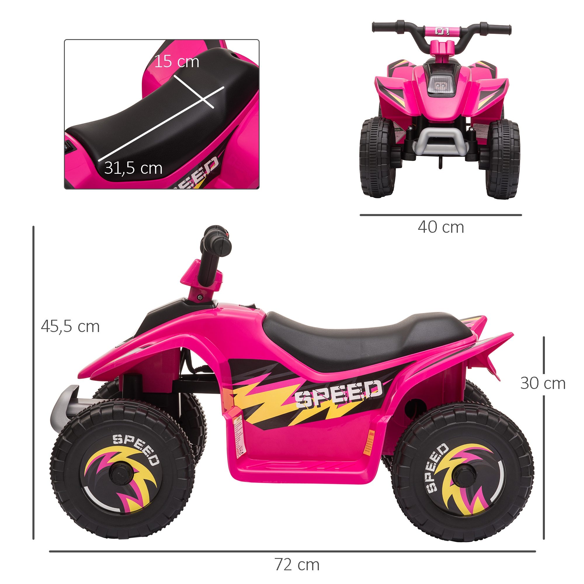 Un juguete ATV rosa para niños, asiento negro. Tiene ruedas negras con diseño amarillo y rosa. Se indican las dimensiones.