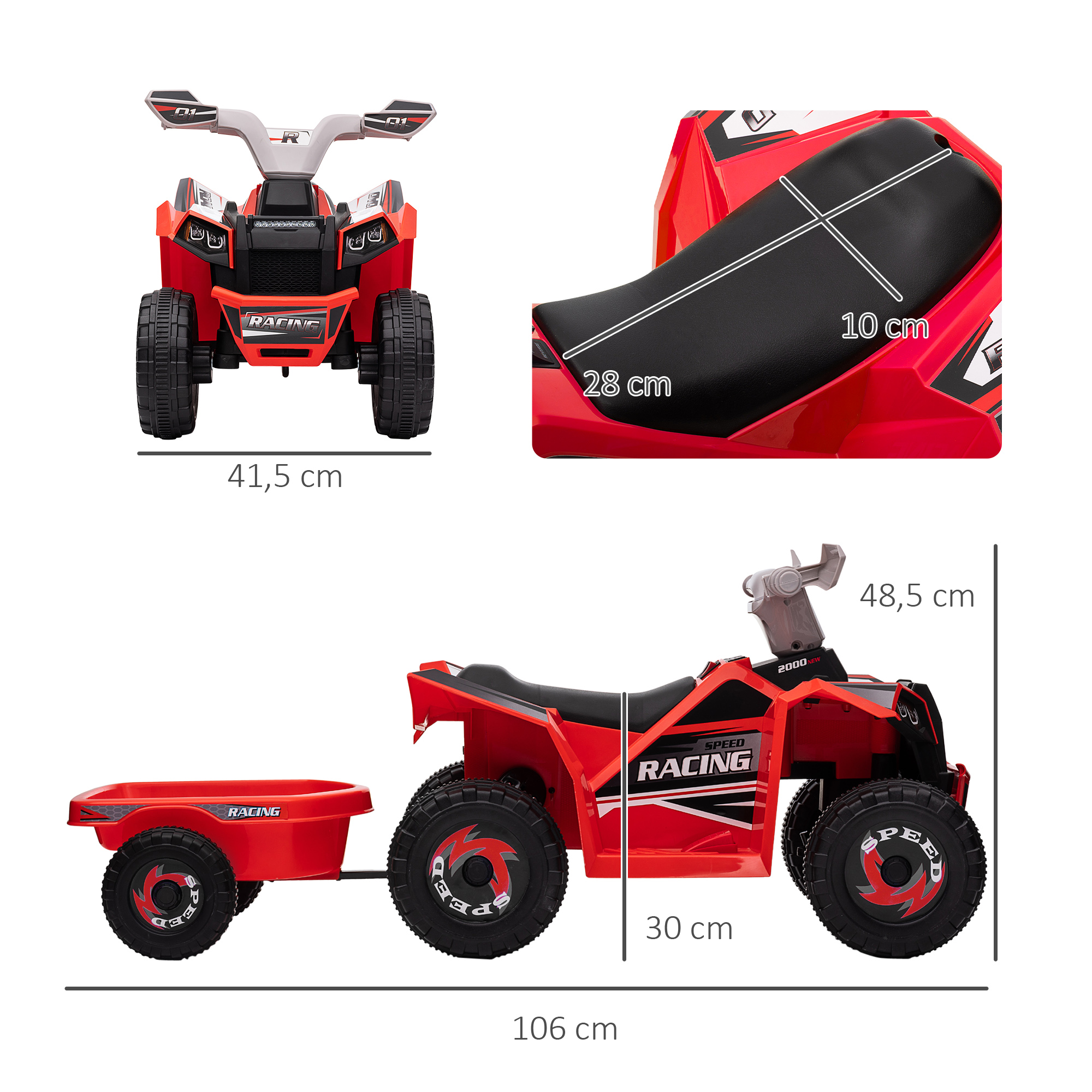 ATV de juguete rojo y negro con remolque. Características: calcomanías de carreras, dimensiones y asiento negro.