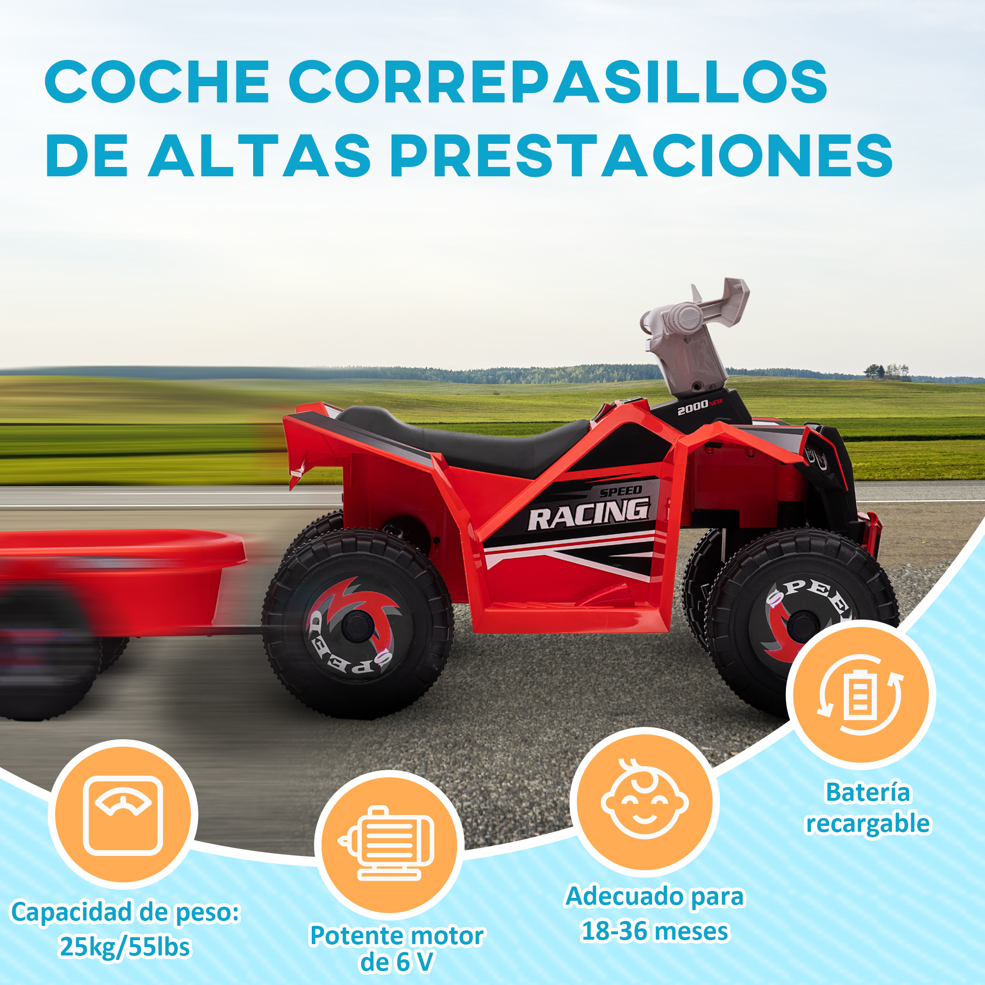 Coche de juguete rojo con remolque. Incluye una etiqueta 'SPEED RACING', batería y es adecuado para edades de 18-36 meses.