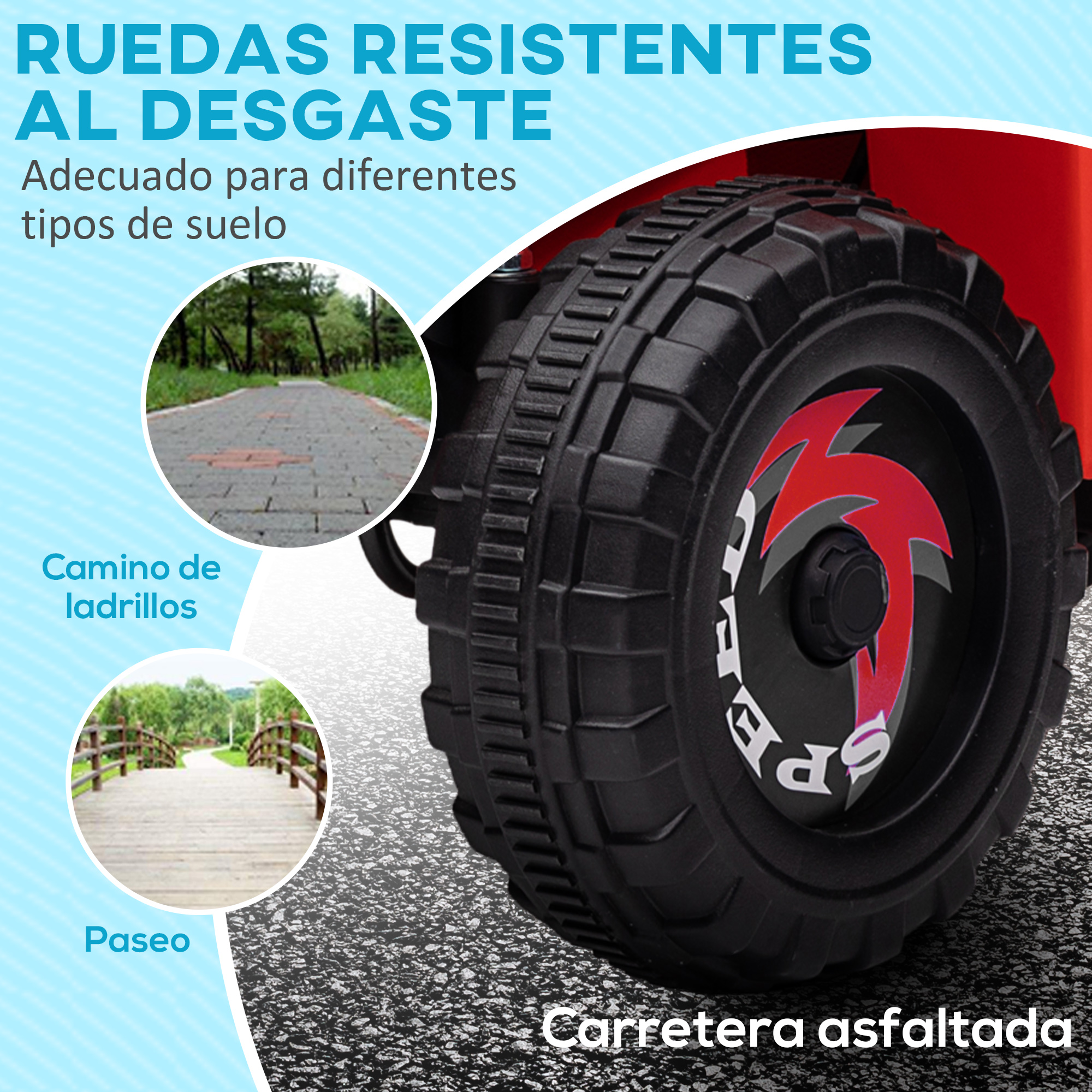 Neumático negro con diseño rojo. Texto: 'Ruedas resistentes'. Superficie de carretera e imágenes de caminos.