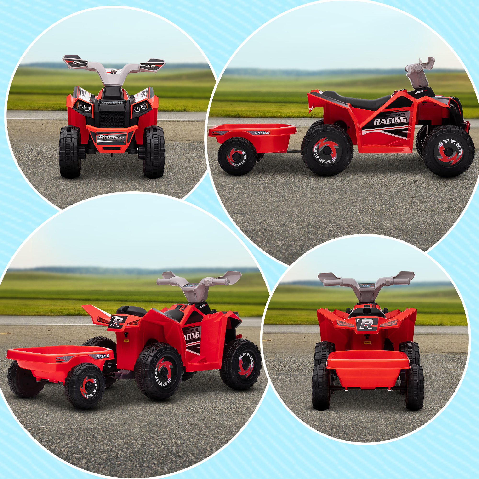 ATV de juguete rojo con remolque sobre superficie pavimentada. El ATV y el remolque tienen ruedas negras y la etiqueta 'RACING'.