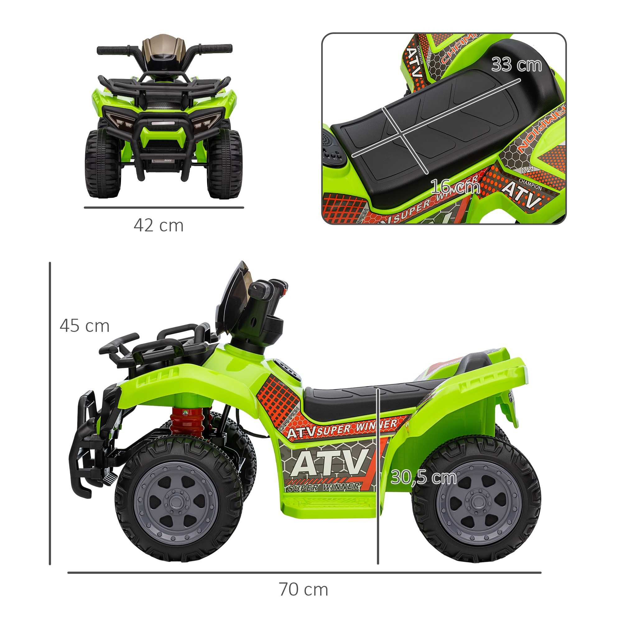 ATV verde de juguete con neumáticos y asiento negros. Tiene las dimensiones: 70 cm de largo, 45 cm de alto y 42 cm de ancho.