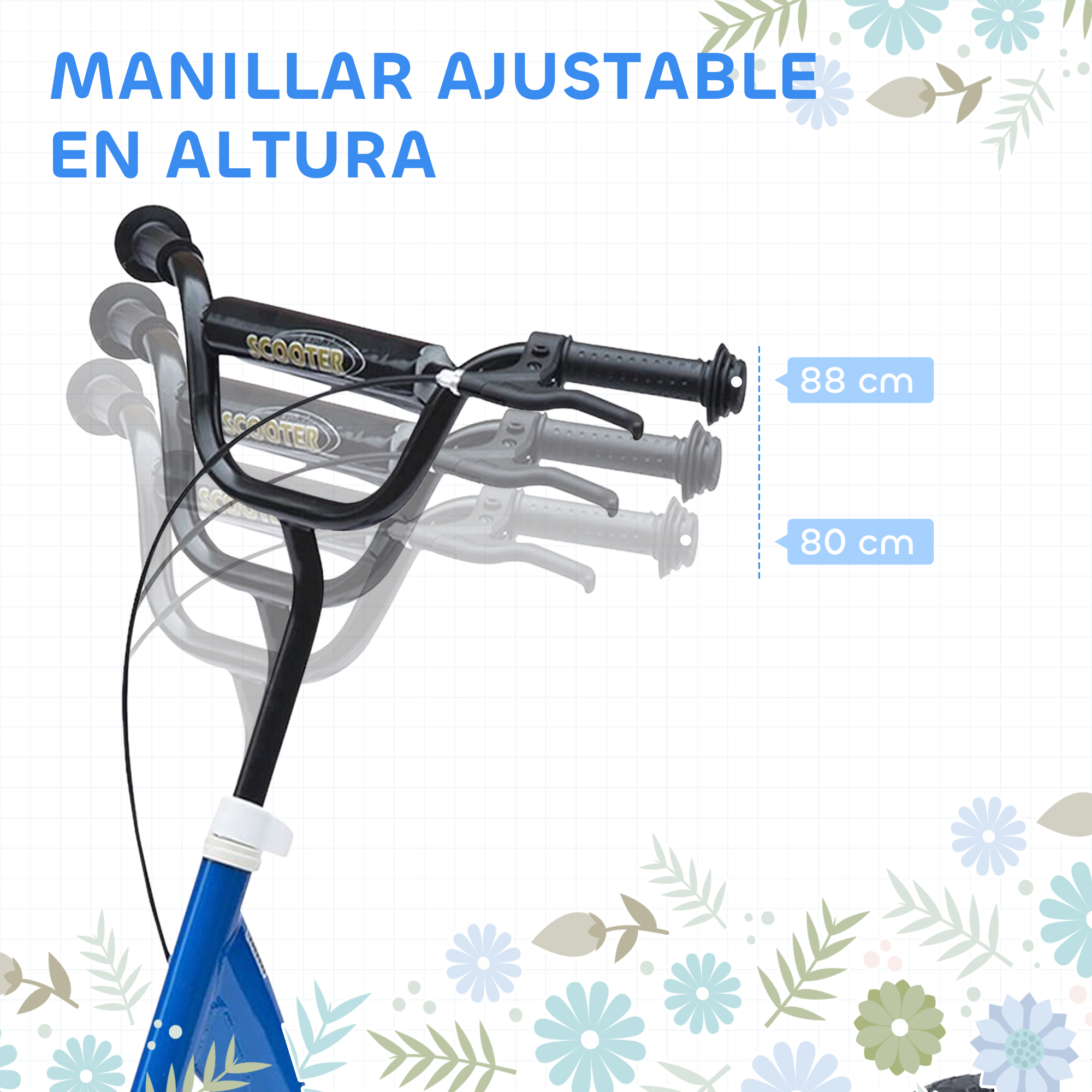 Primer plano del manillar de un scooter con ajustes de altura (80 cm y 88 cm). El scooter es negro con empuñaduras negras.