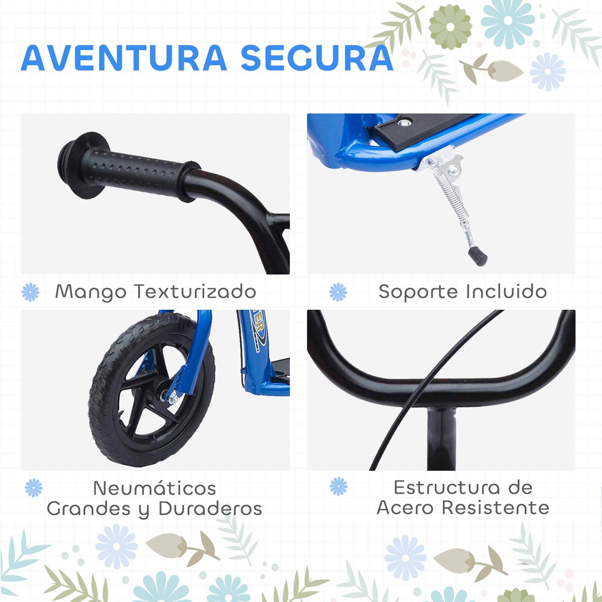 La imagen muestra partes de un scooter: manillar, una rueda y un soporte. Se ven texturas y colores.
