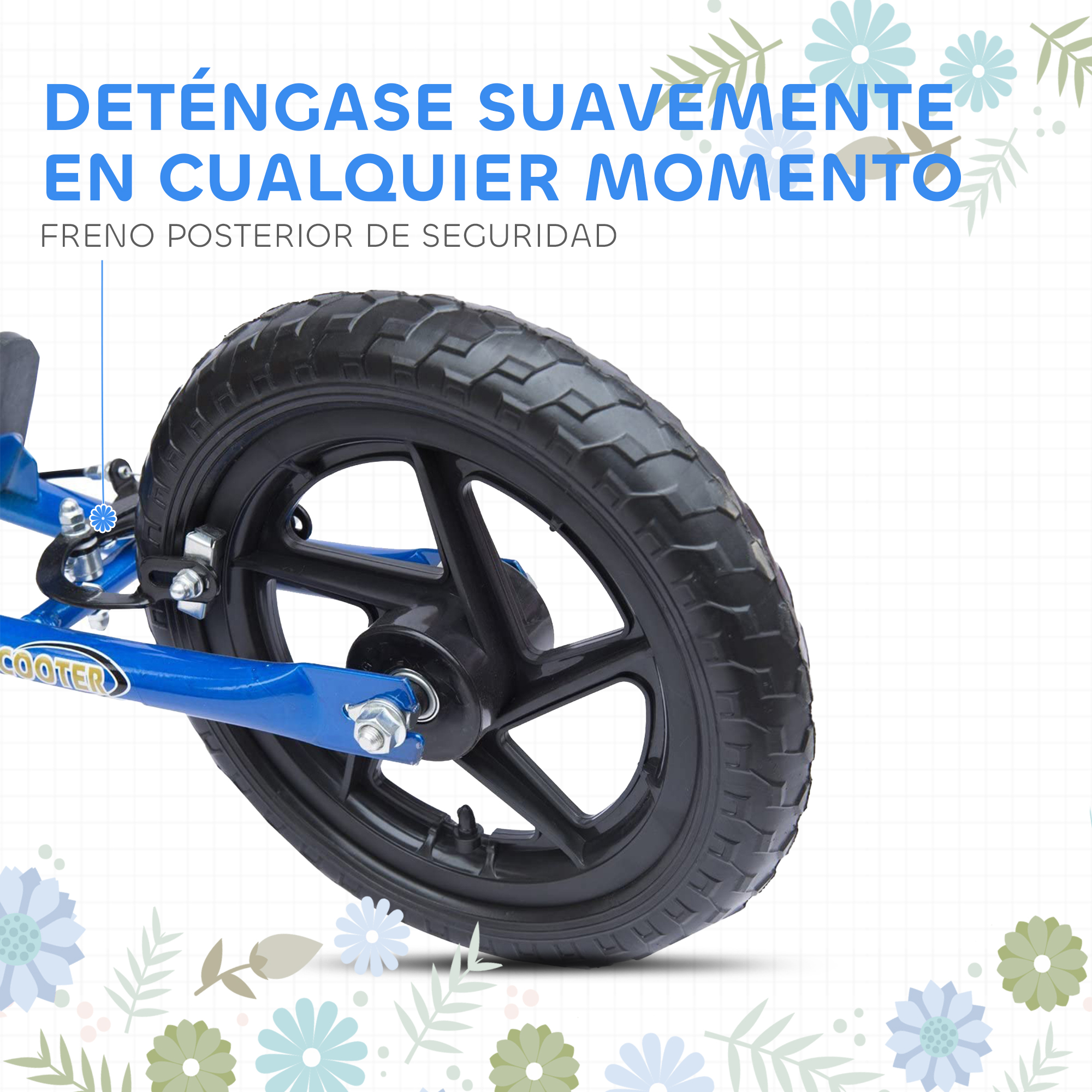 Neumático negro de un scooter azul con texto encima. El fondo es una cuadrícula blanca con diseños florales.