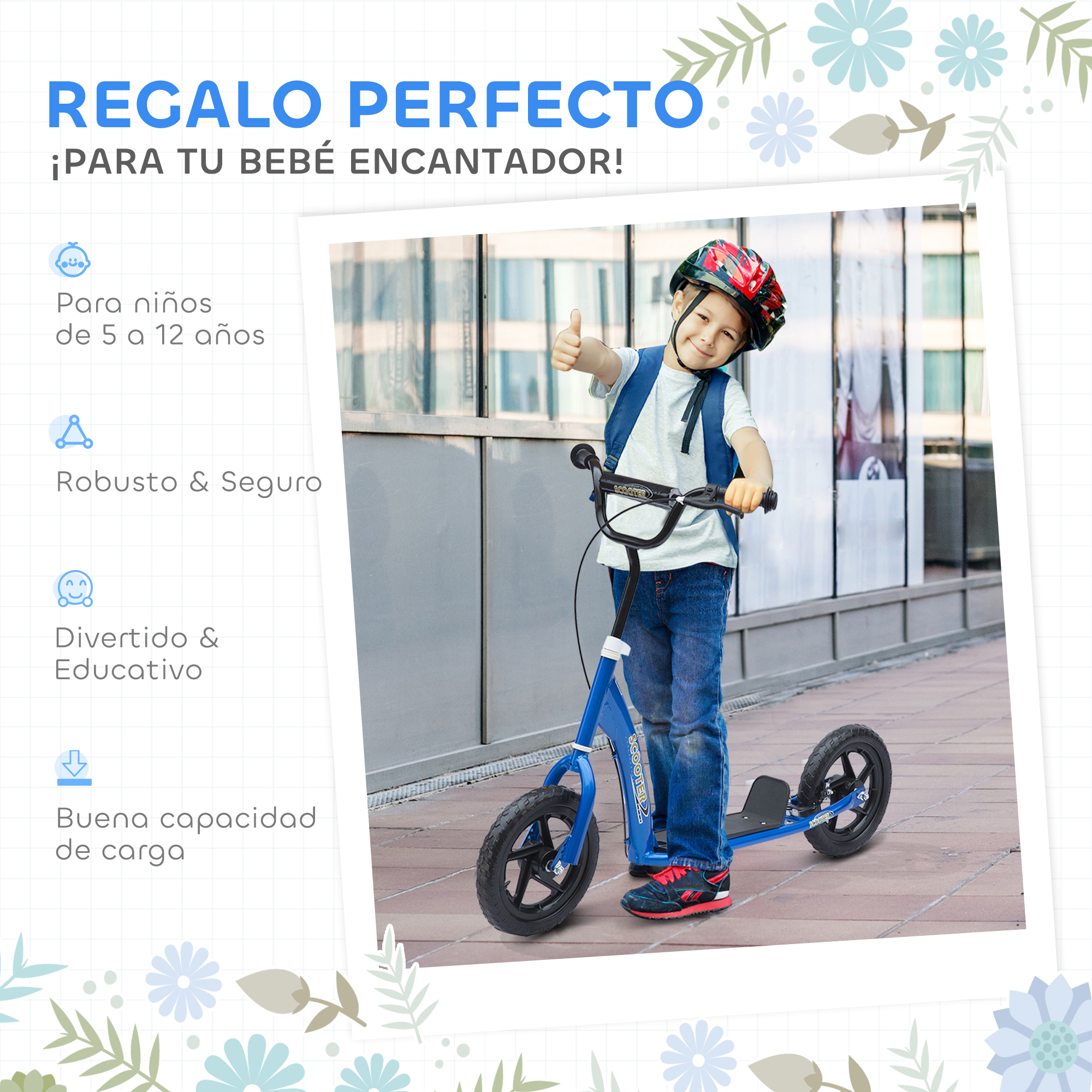 Un niño con casco levanta el pulgar mientras monta un patinete azul en una acera. El fondo incluye un edificio.