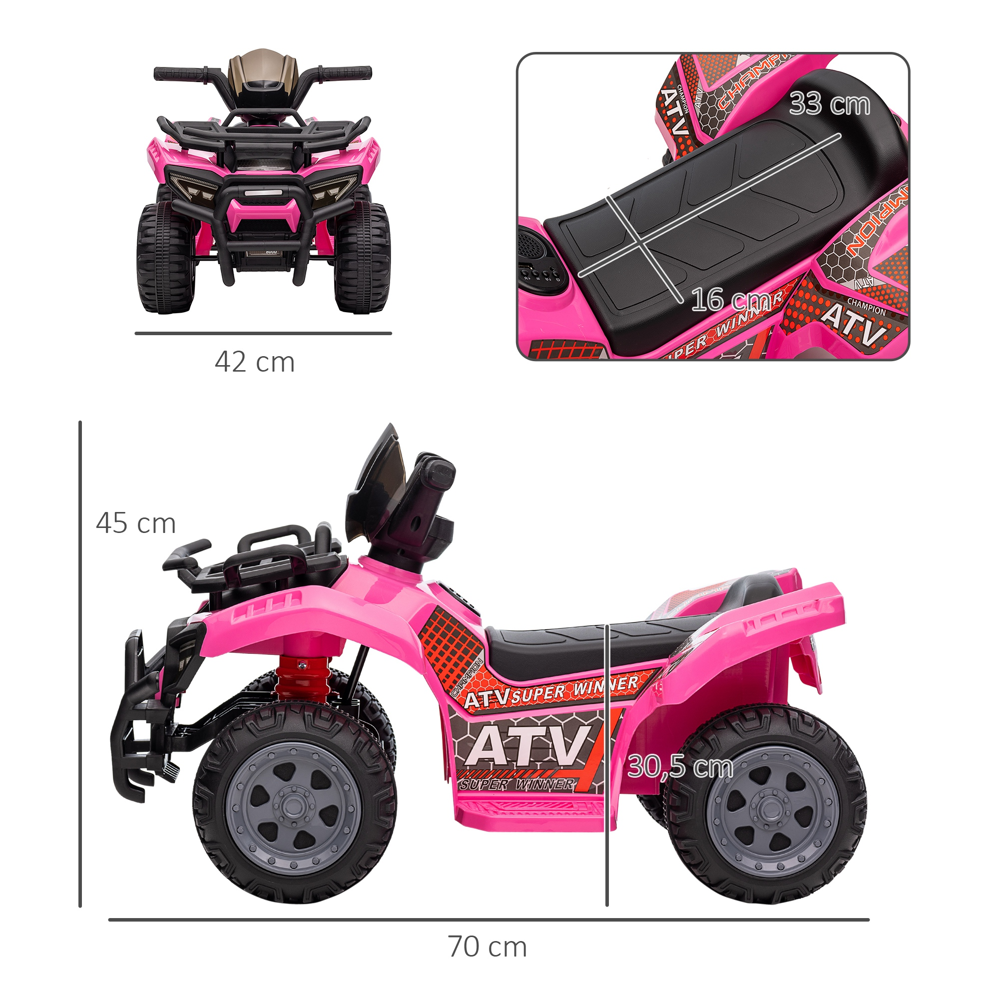 Un juguete ATV rosa con detalles negros. Las dimensiones se indican con etiquetas de medidas. Tiene texto que dice 'ATV SUPER WINNER'.