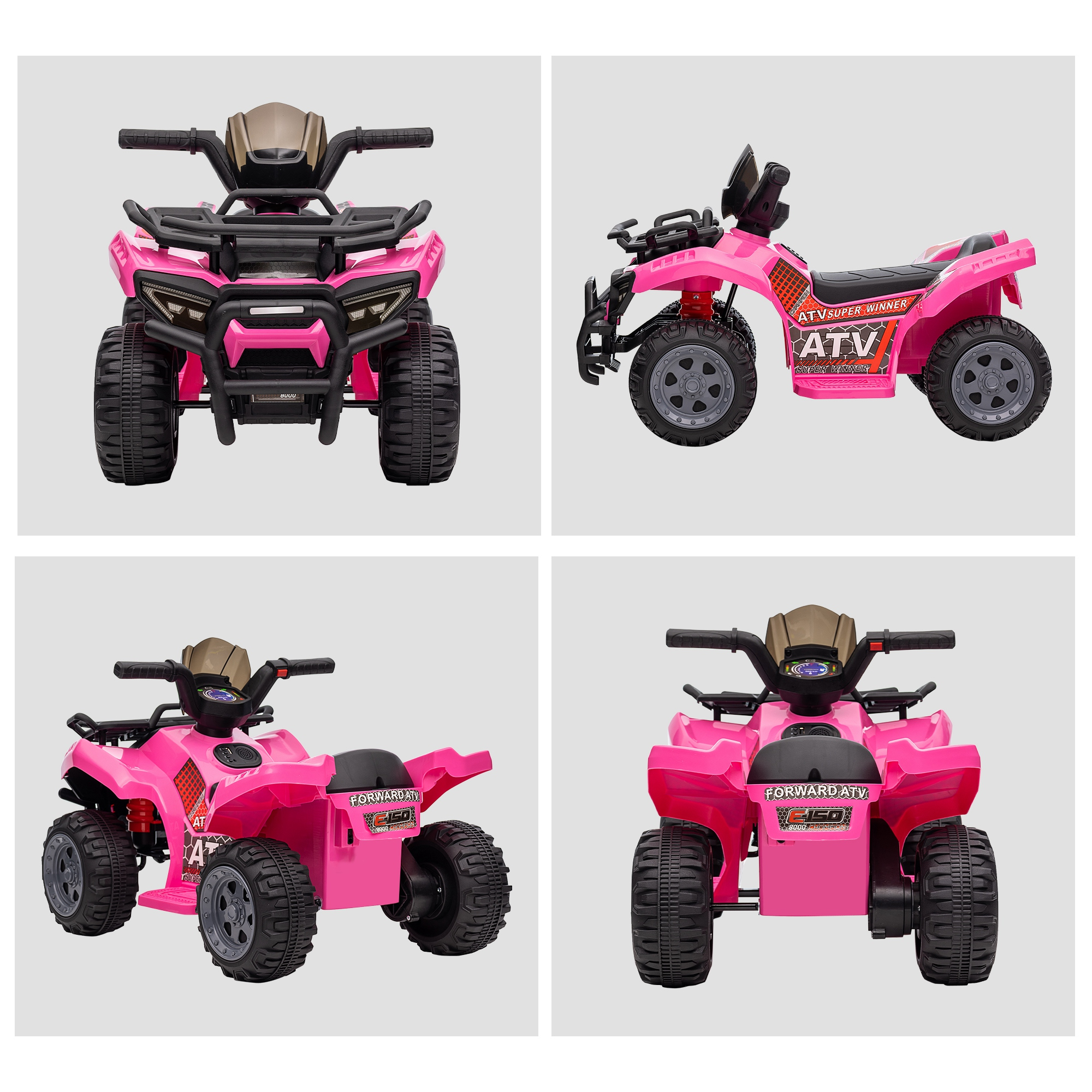 Juguete ATV rosa. Tiene ruedas negras y manillar negro. El ATV tiene el texto "ATV SUPER WINNER" en su lateral.