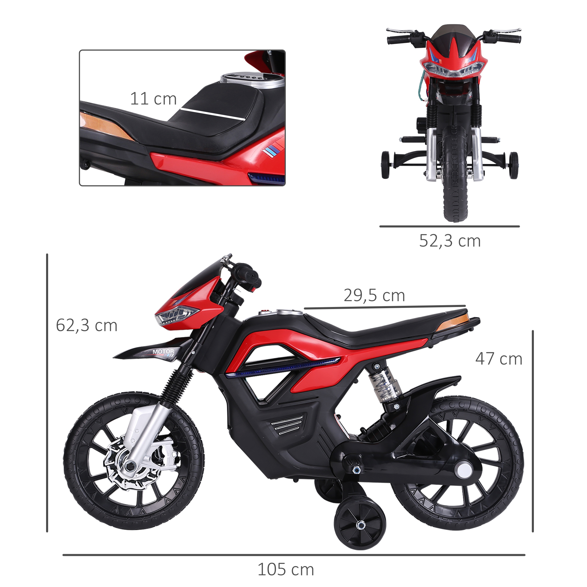 Una motocicleta de juguete roja y negra con dimensiones etiquetadas. Tiene ruedas de entrenamiento y está sobre un fondo blanco.