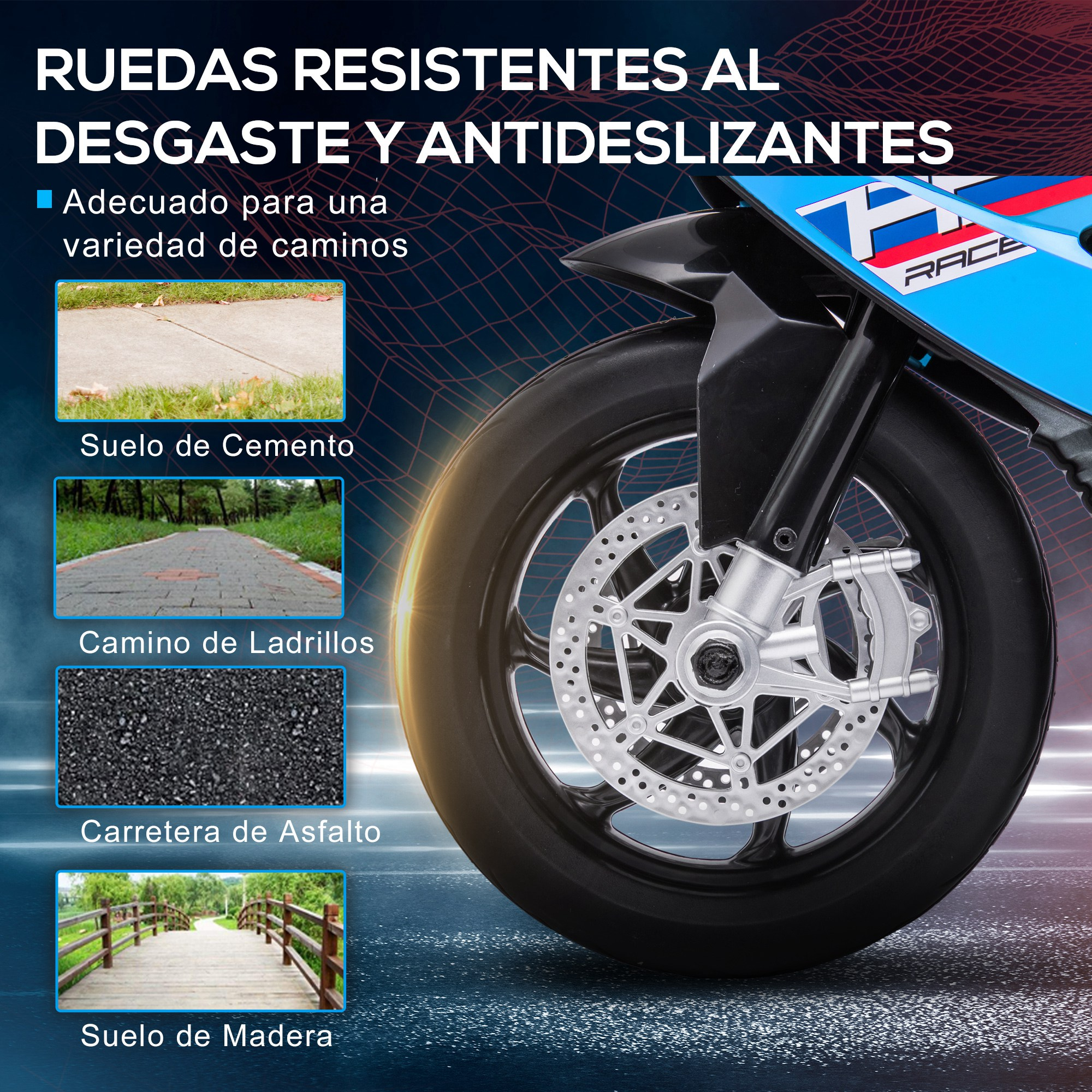 Se muestra una rueda de motocicleta con freno de disco. La imagen incluye texto sobre la durabilidad de la rueda y su adecuación para diferentes terrenos.