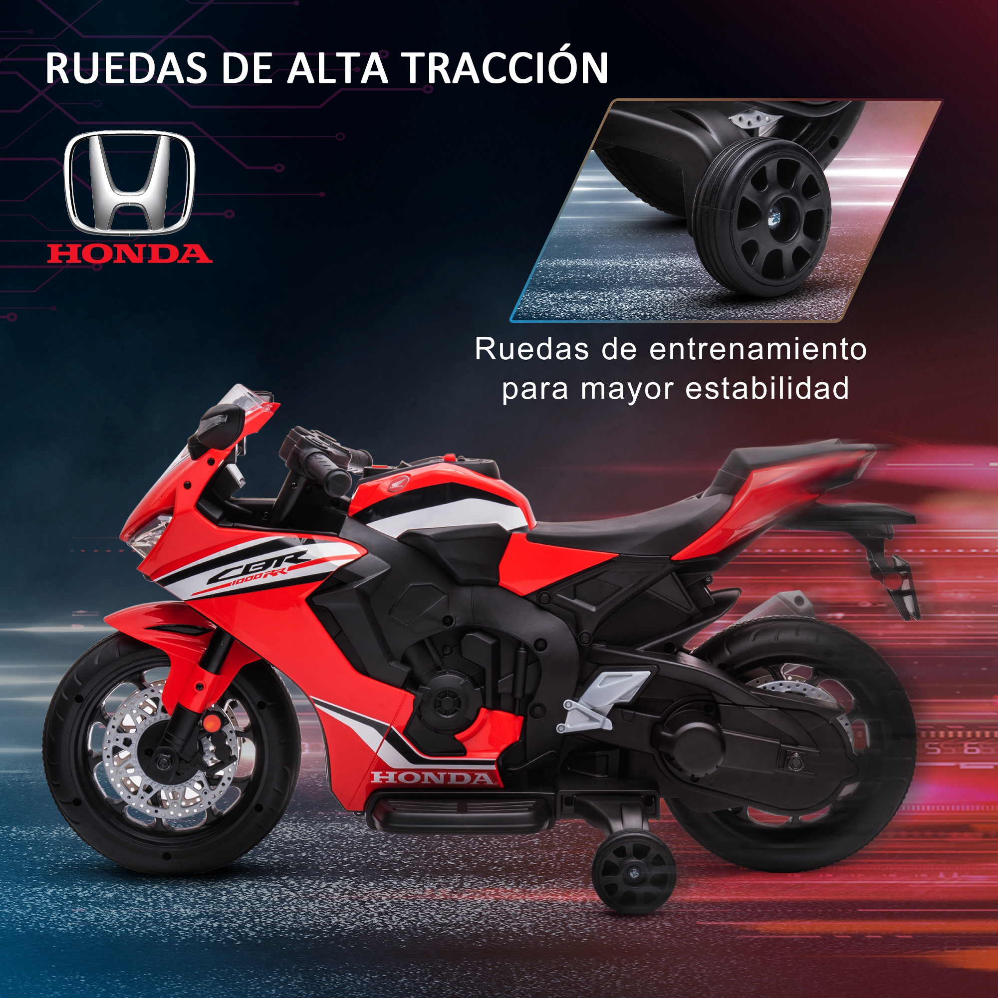 Una moto de juguete Honda CBR roja y negra con ruedas de entrenamiento. También hay texto en español.