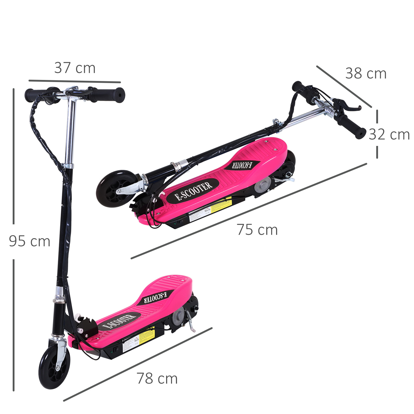 Se muestran tres patinetes eléctricos rosas. Se proporcionan dimensiones. Uno en posición vertical, dos en ángulo. Cada uno tiene neumáticos y manillares negros.