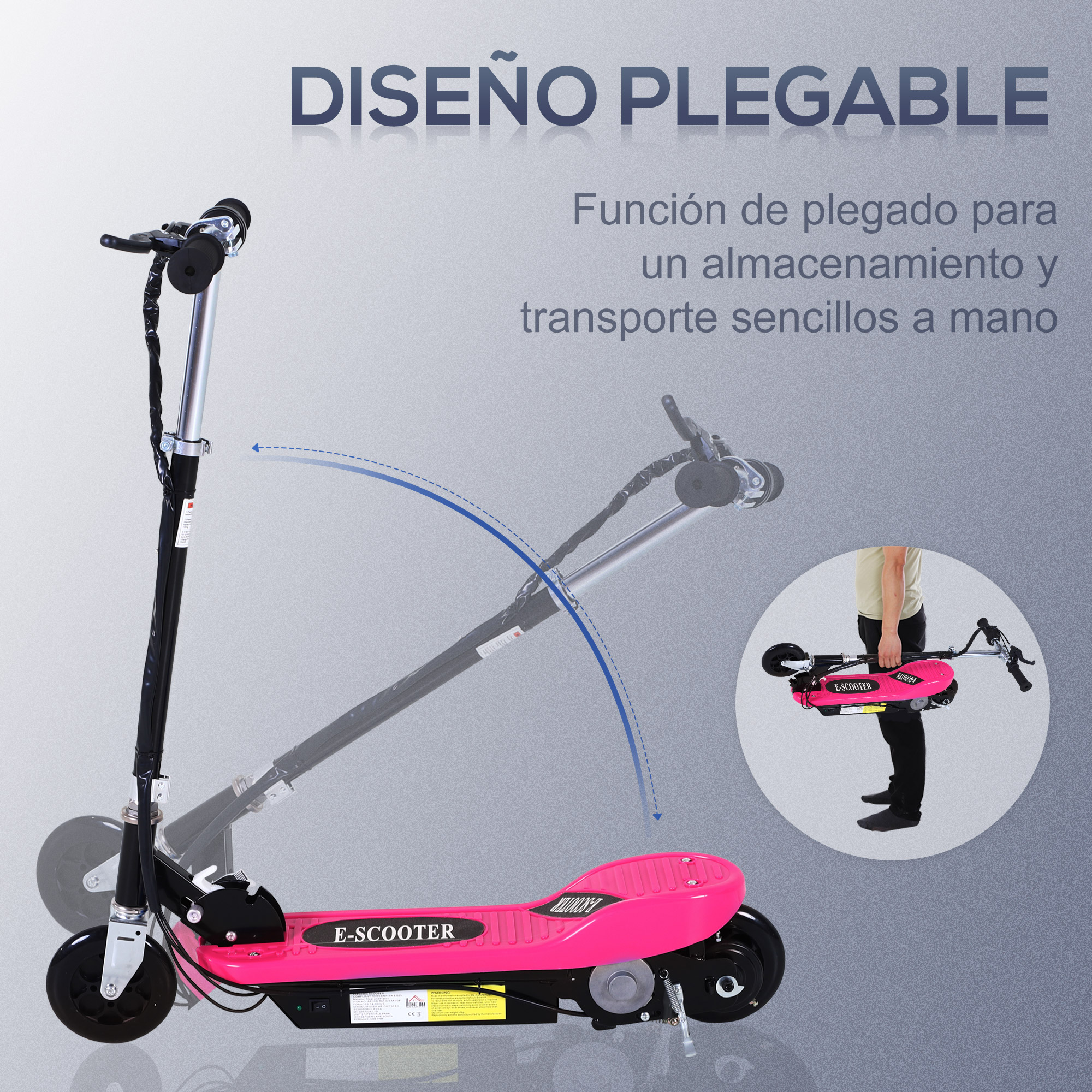 Se muestra un patinete eléctrico plegable rosa. Una persona sostiene un patinete plegado. El texto dice: diseño plegable, fácil almacenamiento.