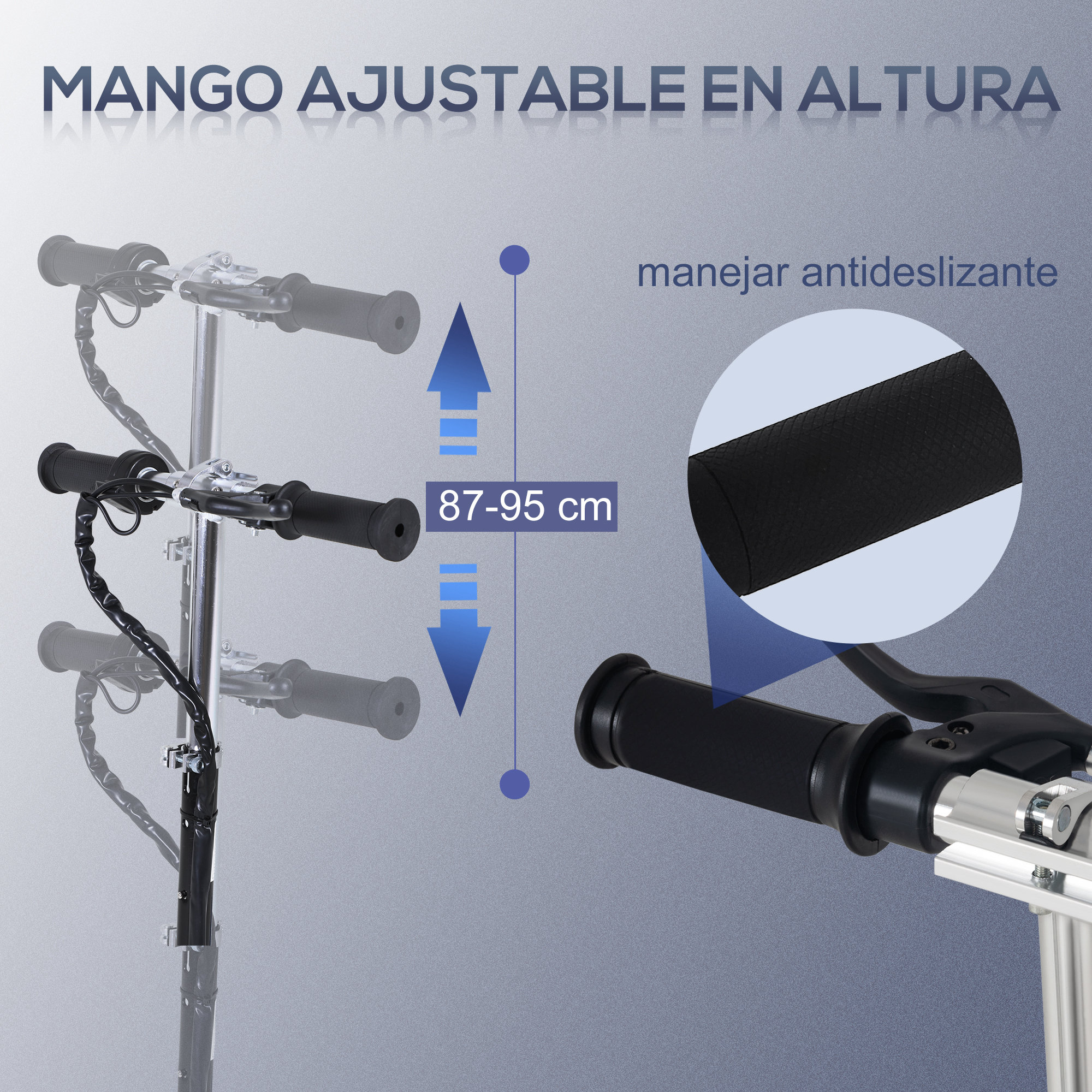 Manillar de scooter con altura ajustable, empuñaduras negras y primer plano del diseño antideslizante. La altura es de 87-95 cm.