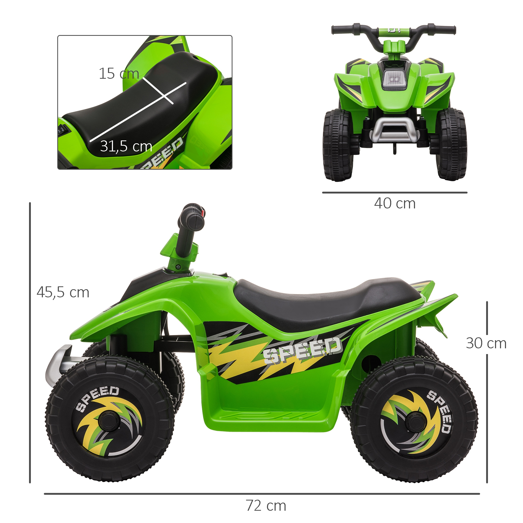 Un quad de juguete verde y negro se muestra desde múltiples ángulos con dimensiones etiquetadas. Tiene ruedas negras y un asiento negro.