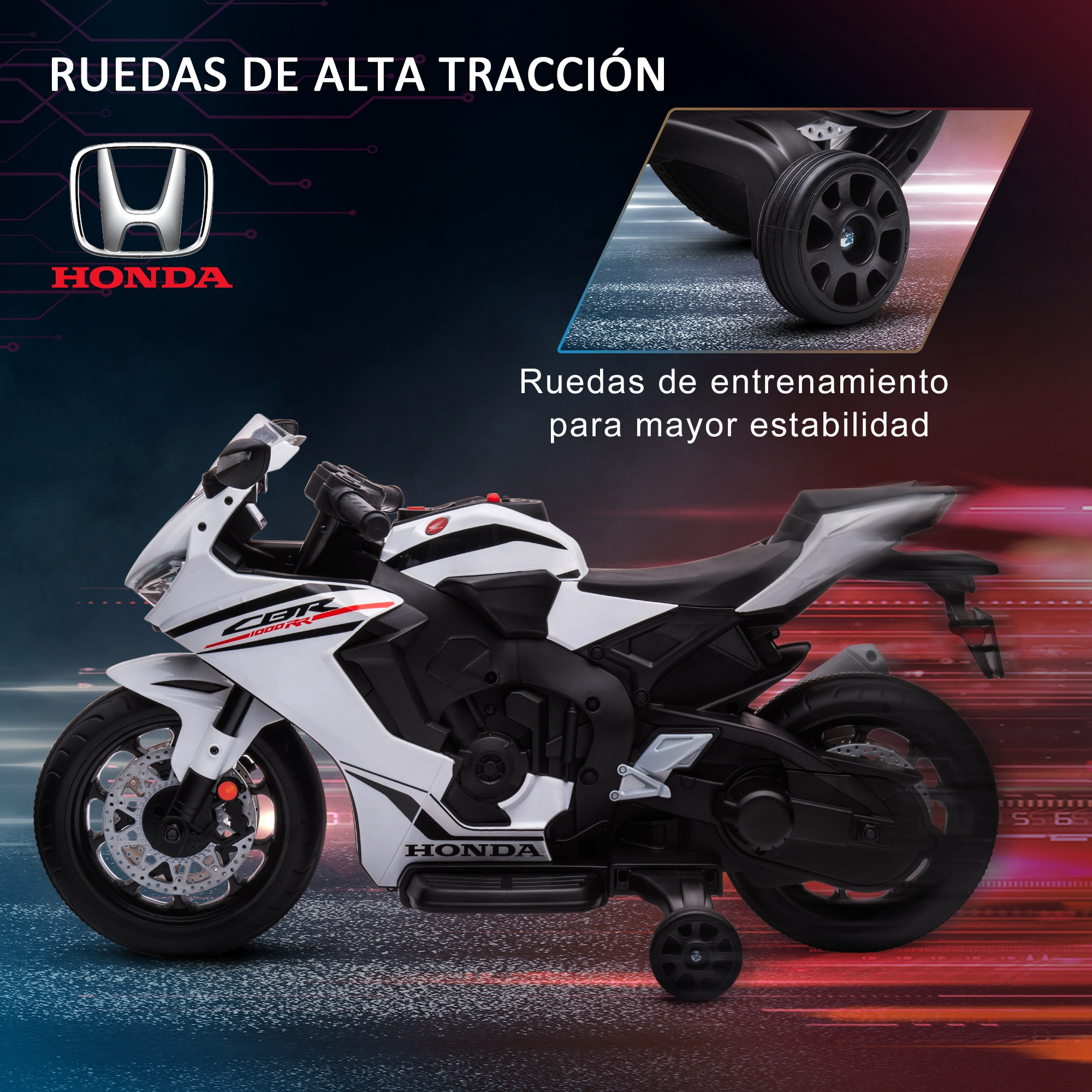 Un juguete de motocicleta Honda CBR blanco y negro, con ruedas de entrenamiento, sobre un fondo oscuro con texto.