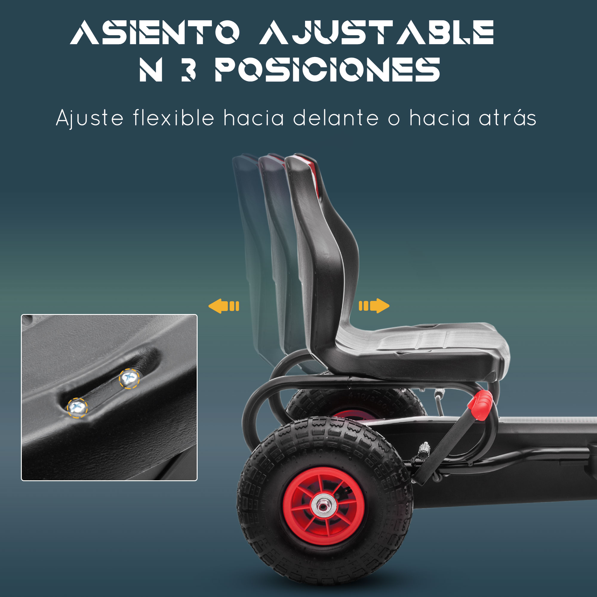 Asiento negro ajustable en un kart con ruedas rojas. Texto: Asiento ajustable en 3 posiciones. Ajuste flexible hacia adelante o hacia atrás.