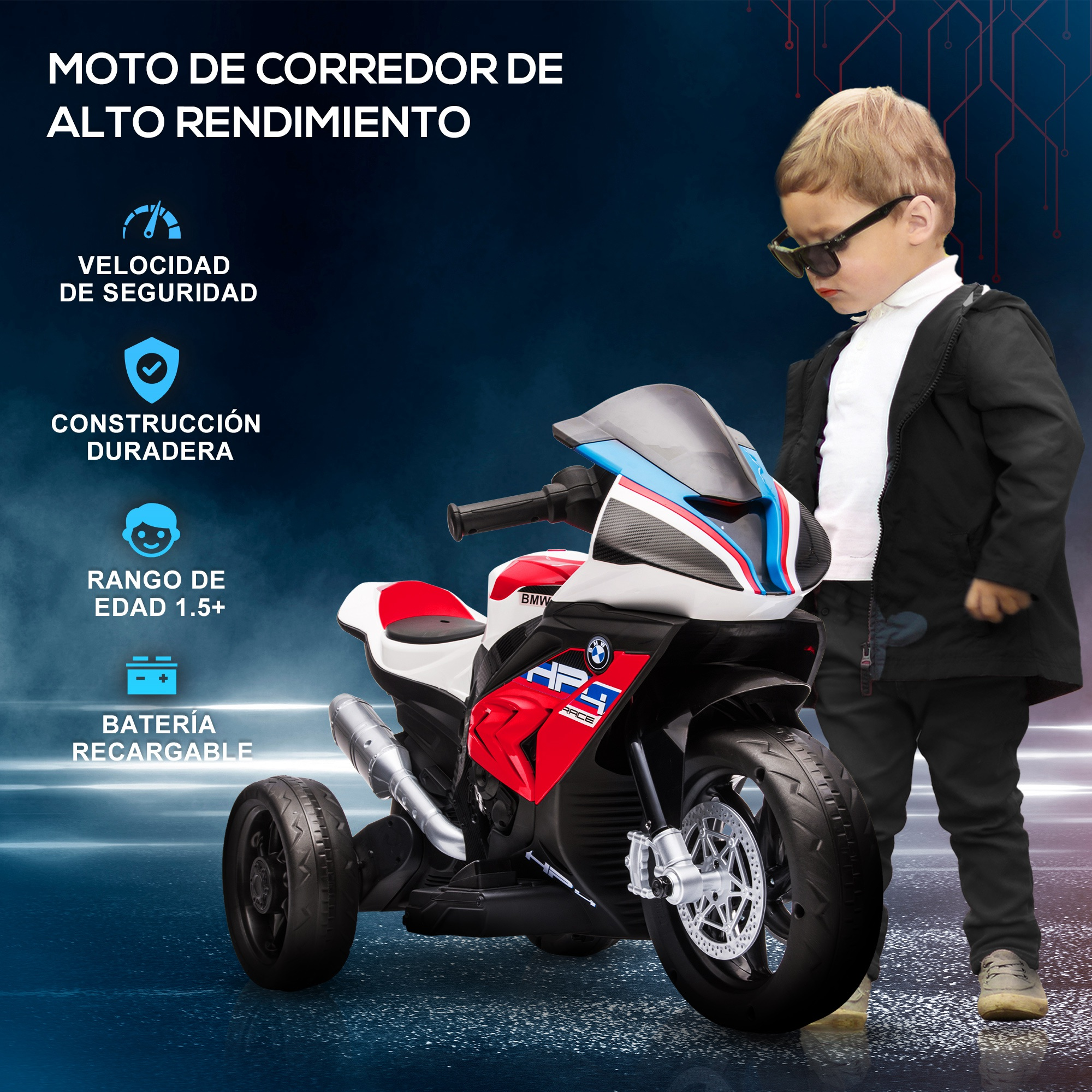 Un niño con gafas de sol está junto a una moto de juguete. La moto es roja, blanca y azul. Texto a la izquierda.