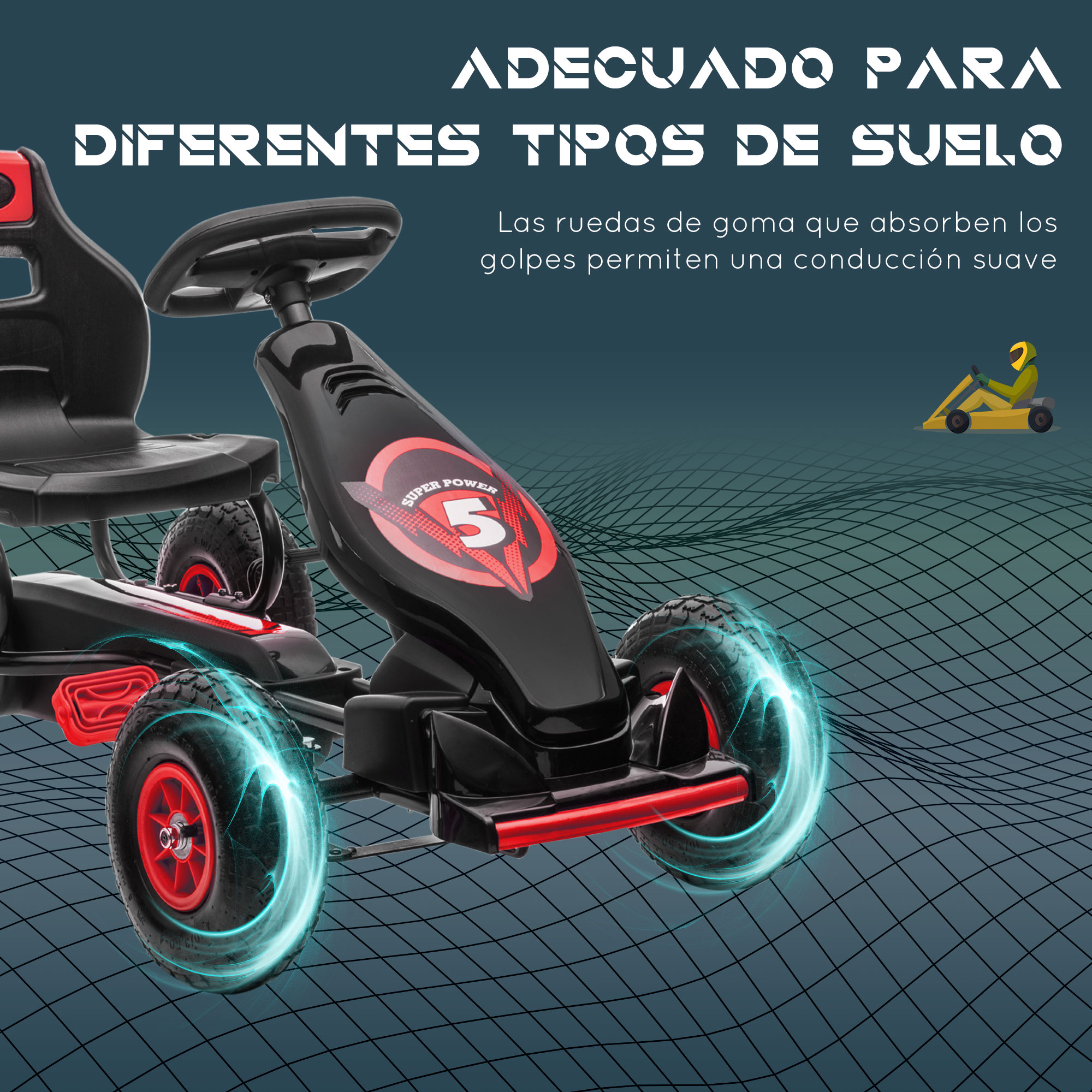 Kart negro con detalles rojos y ruedas brillantes, texto 'Adecuado para Diferentes Tipos de Suelo'.