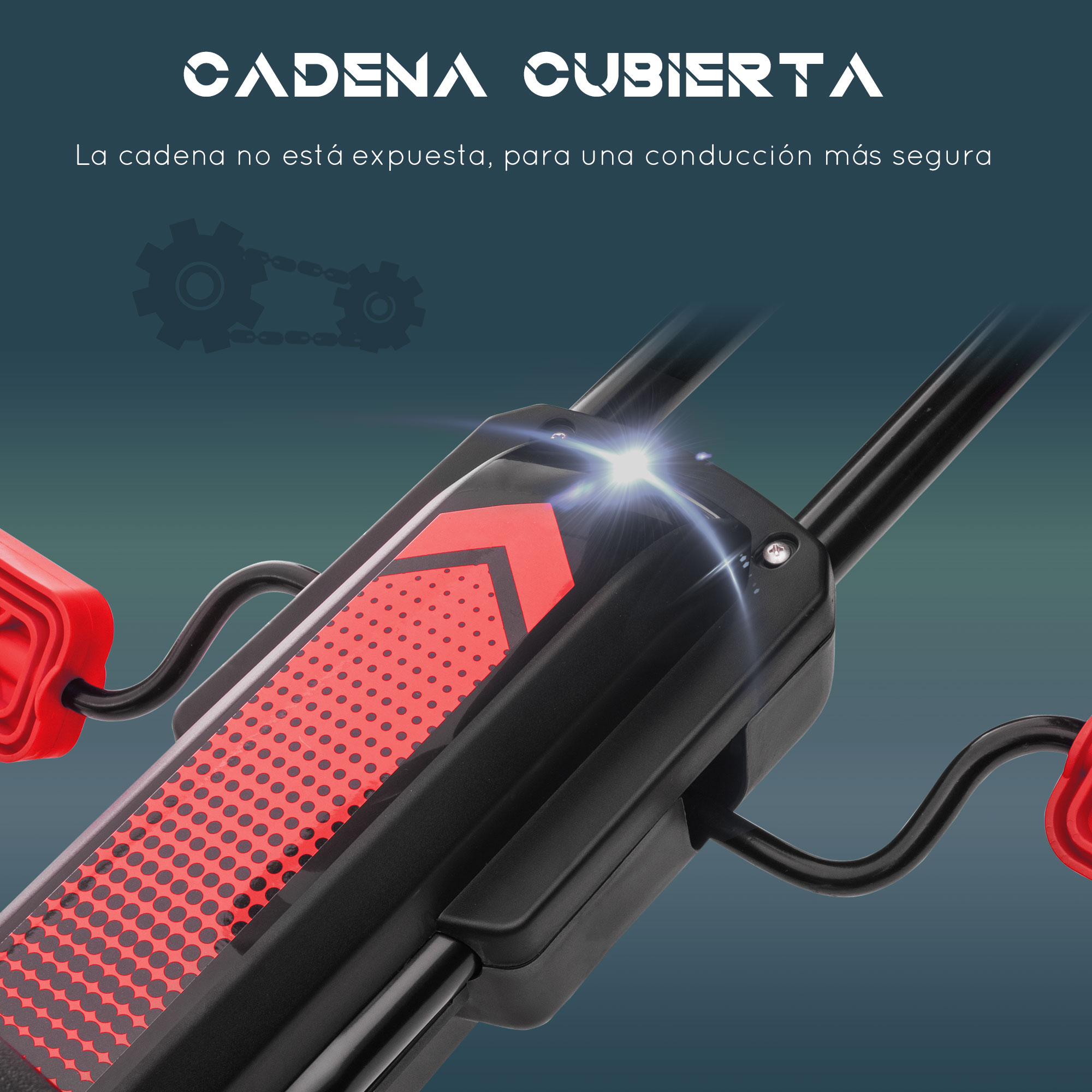 Patinete negro con cubierta roja. La cubierta tiene puntos rojos. El texto "CADENA CUBIERTA" está arriba.