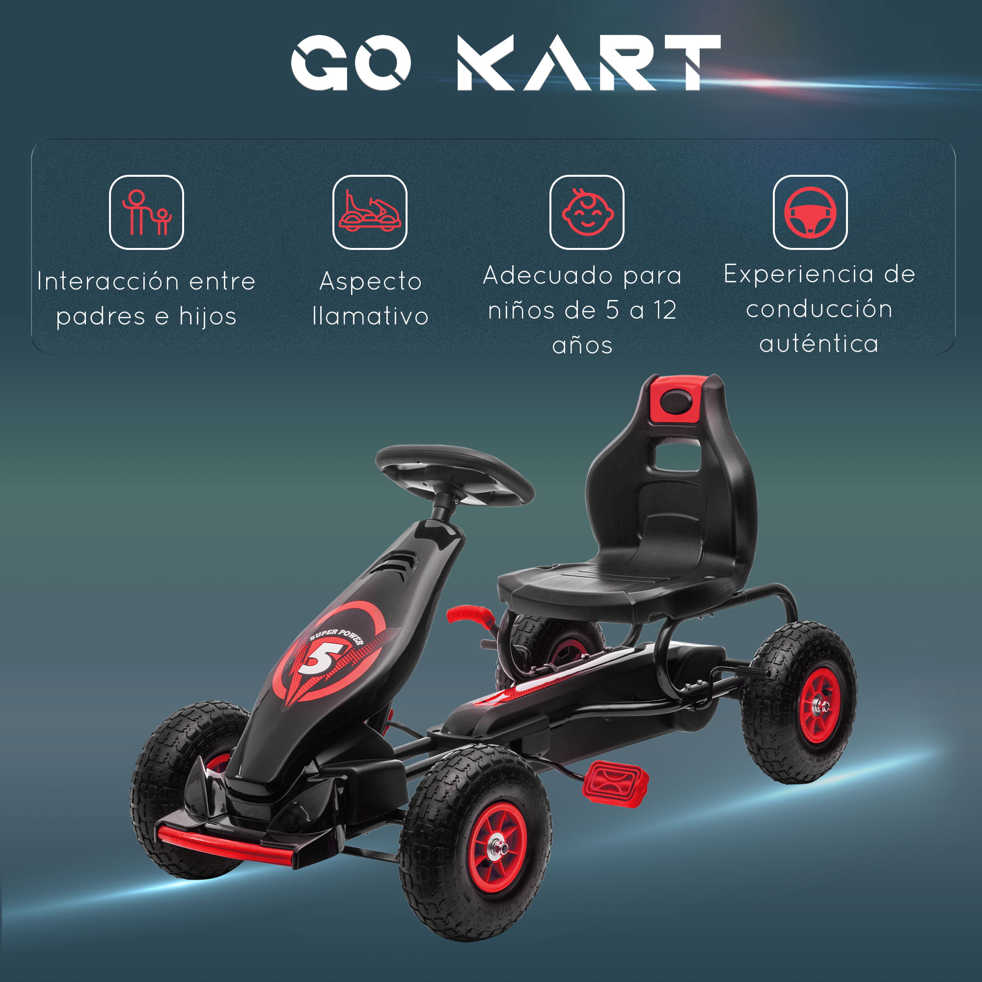 Go-kart negro y rojo con volante y pedales. La imagen tiene texto sobre sus características: interacción, aspecto, edad y experiencia.