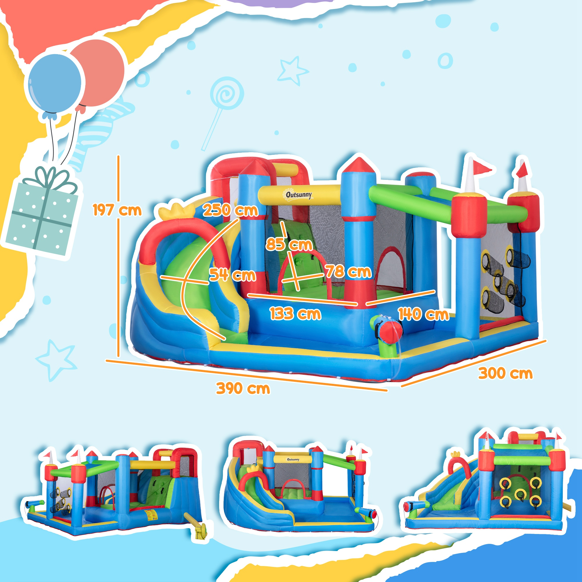 Un castillo hinchable grande y colorido con toboganes, rocódromos y dimensiones en cm. Globos en el fondo.