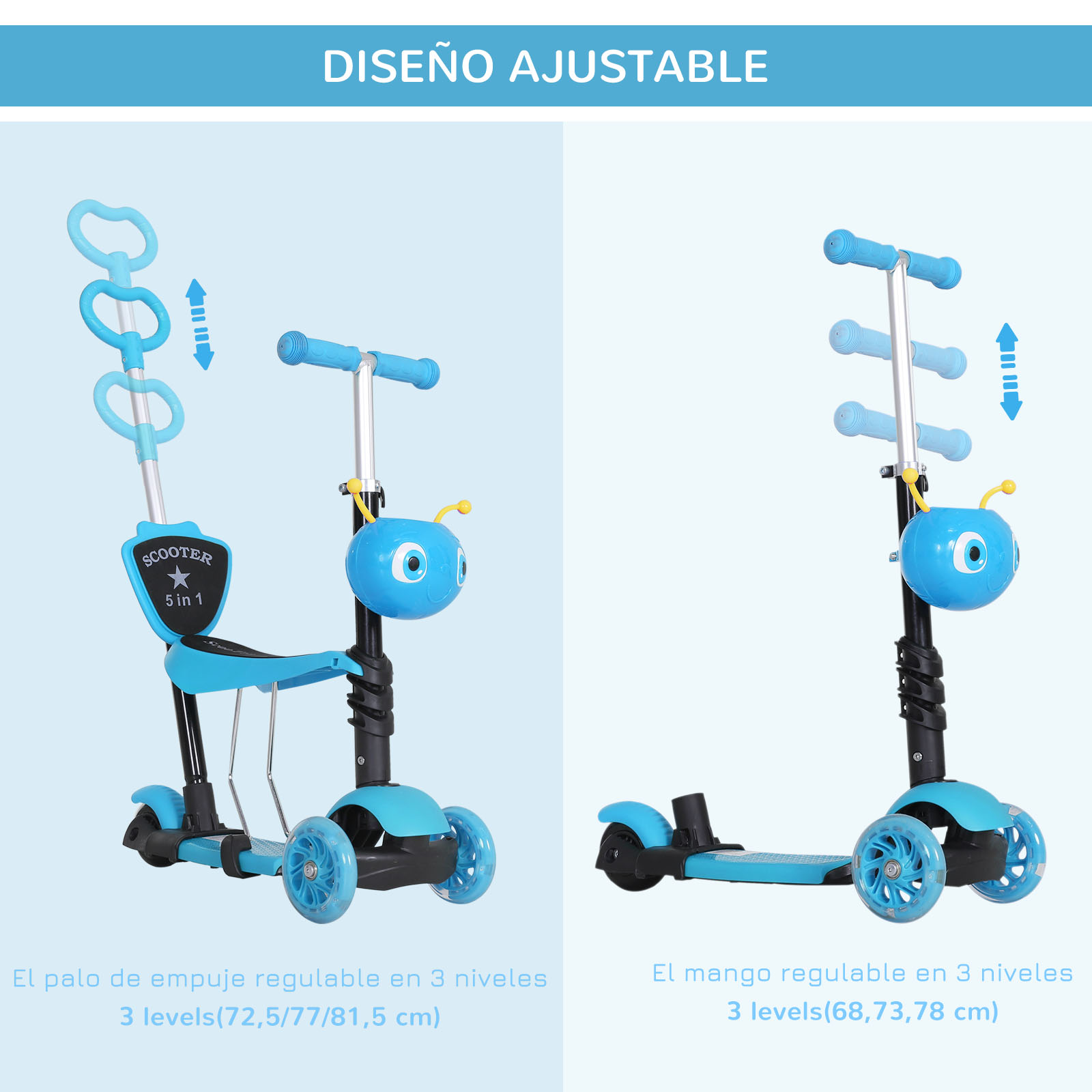 Un patinete azul con manillar y barra de empuje ajustables. Flechas indican ajuste de altura. Texto en español describe características.