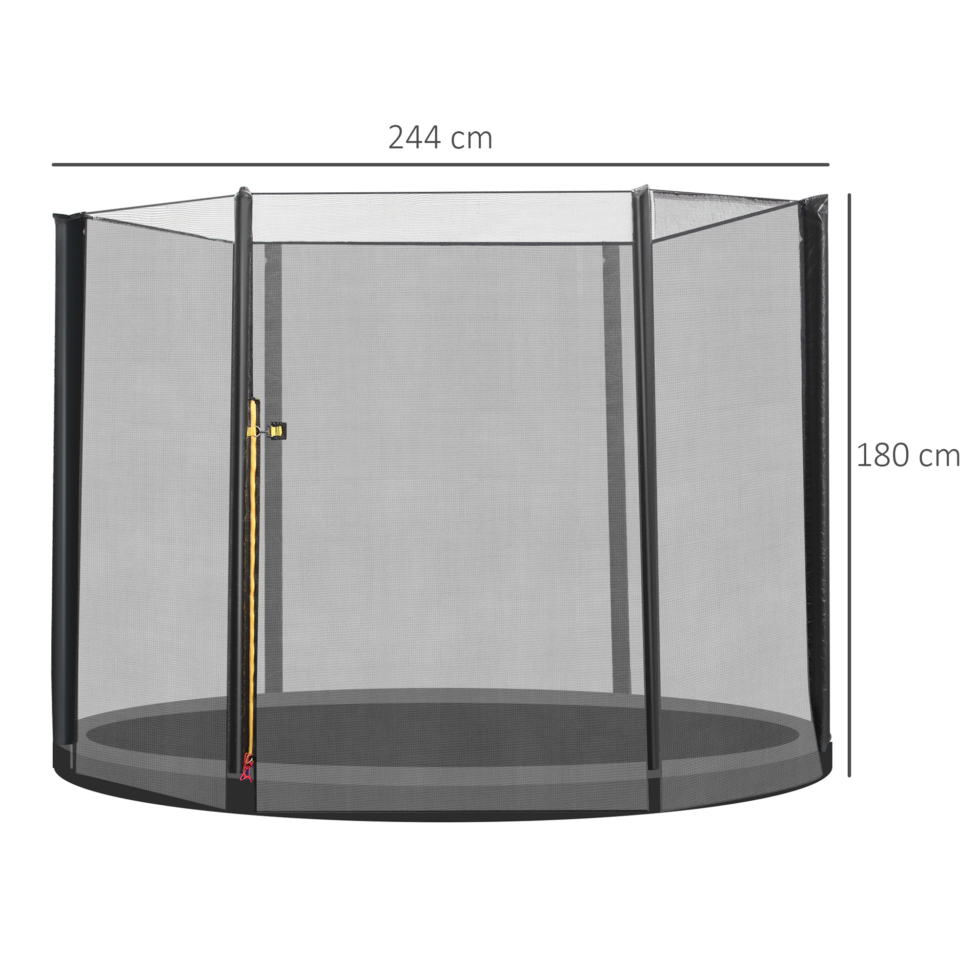 Un trampolín redondo con red de seguridad. Tiene un marco negro y una superficie de salto gris. Las dimensiones son 244cm x 180cm.