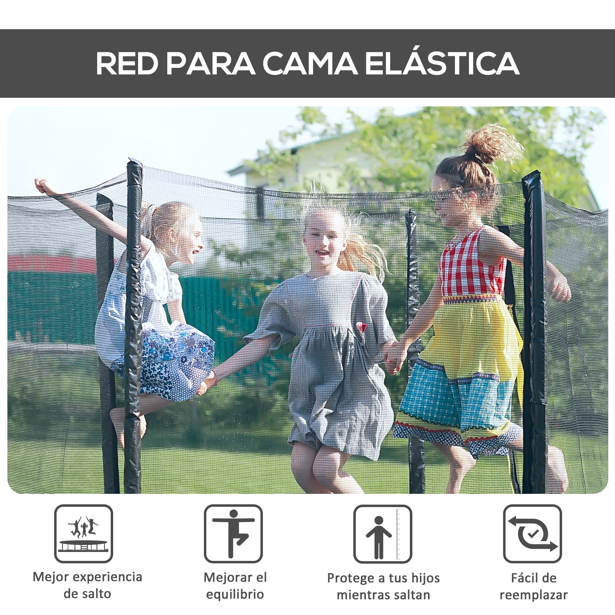 Tres niñas saltan en un trampolín con una red de seguridad en un patio trasero.