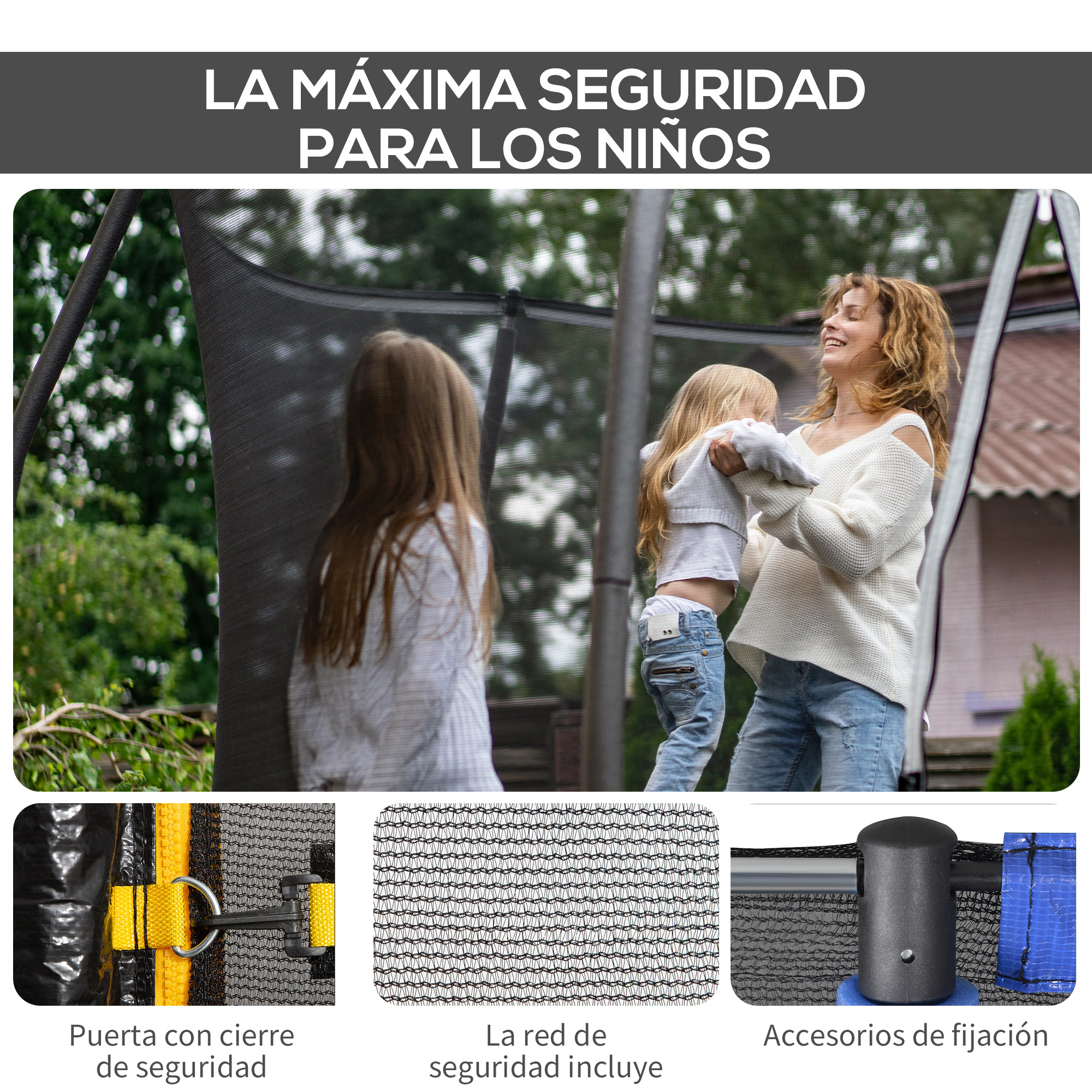 Una mujer y un niño están en un trampolín. La imagen muestra características de seguridad como una puerta con cierre de seguridad.