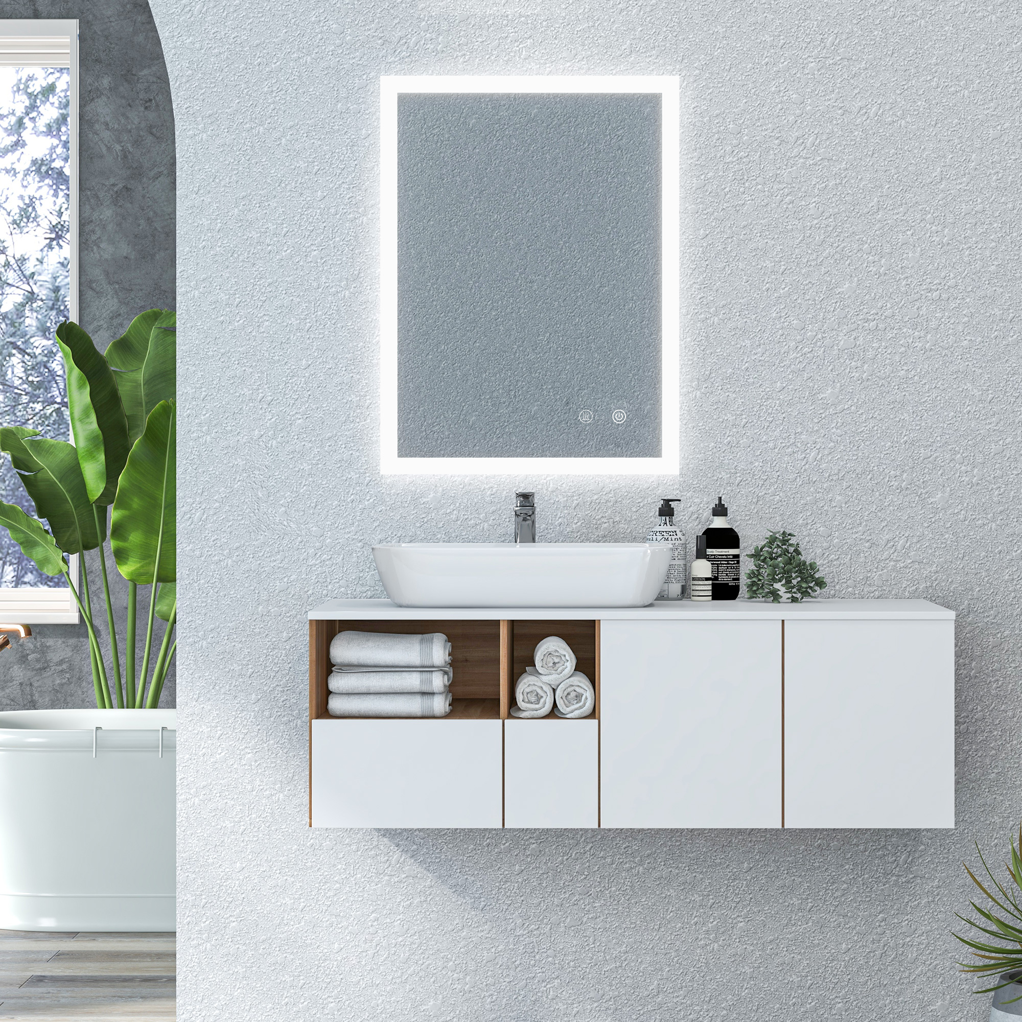 Escena de baño moderno. Tocador blanco con lavabo, espejo y toallas. Gran planta verde y ventana en el fondo.