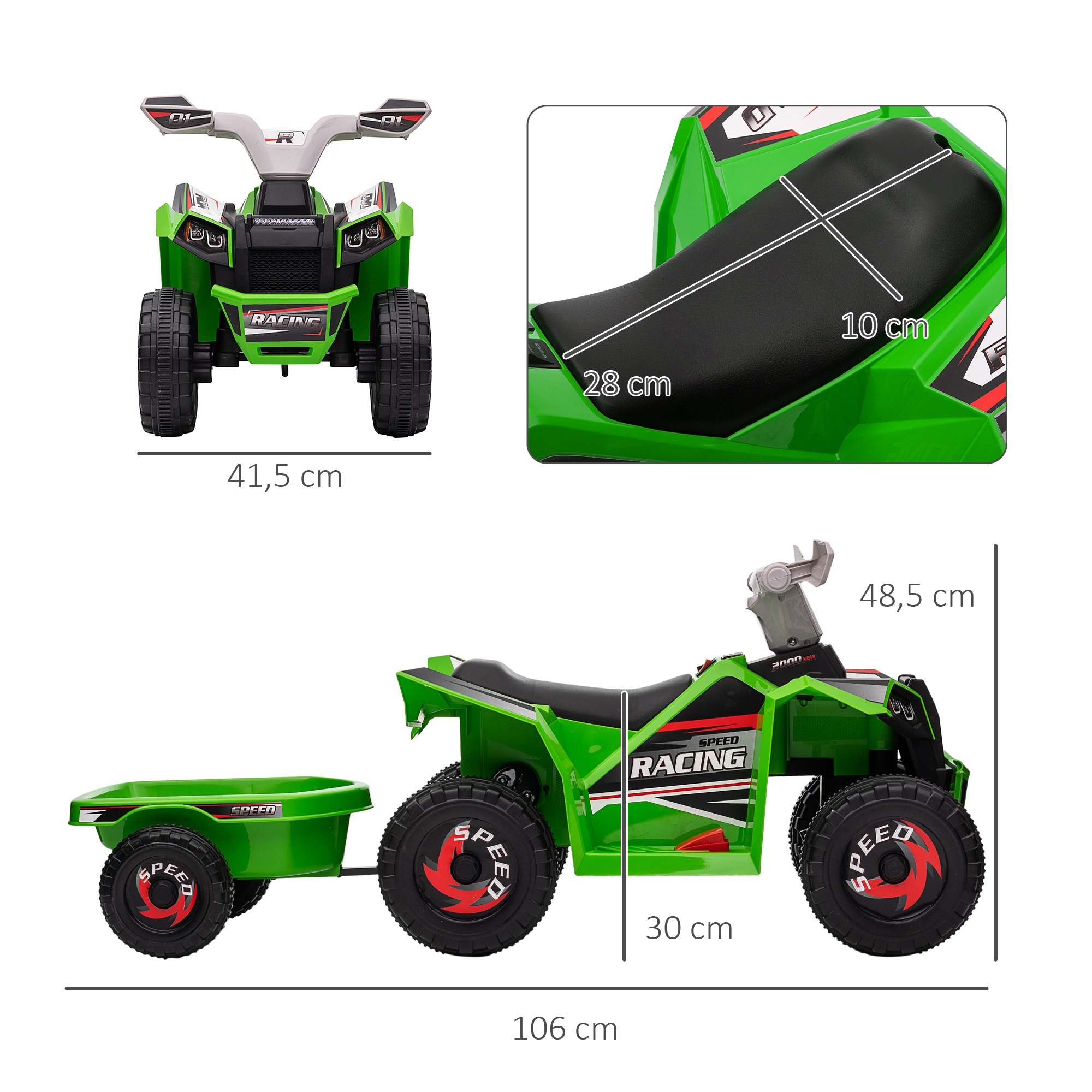 Un quad de juguete verde con asiento y remolque negros. El quad tiene detalles rojos y negros y la palabra 'RACING'.