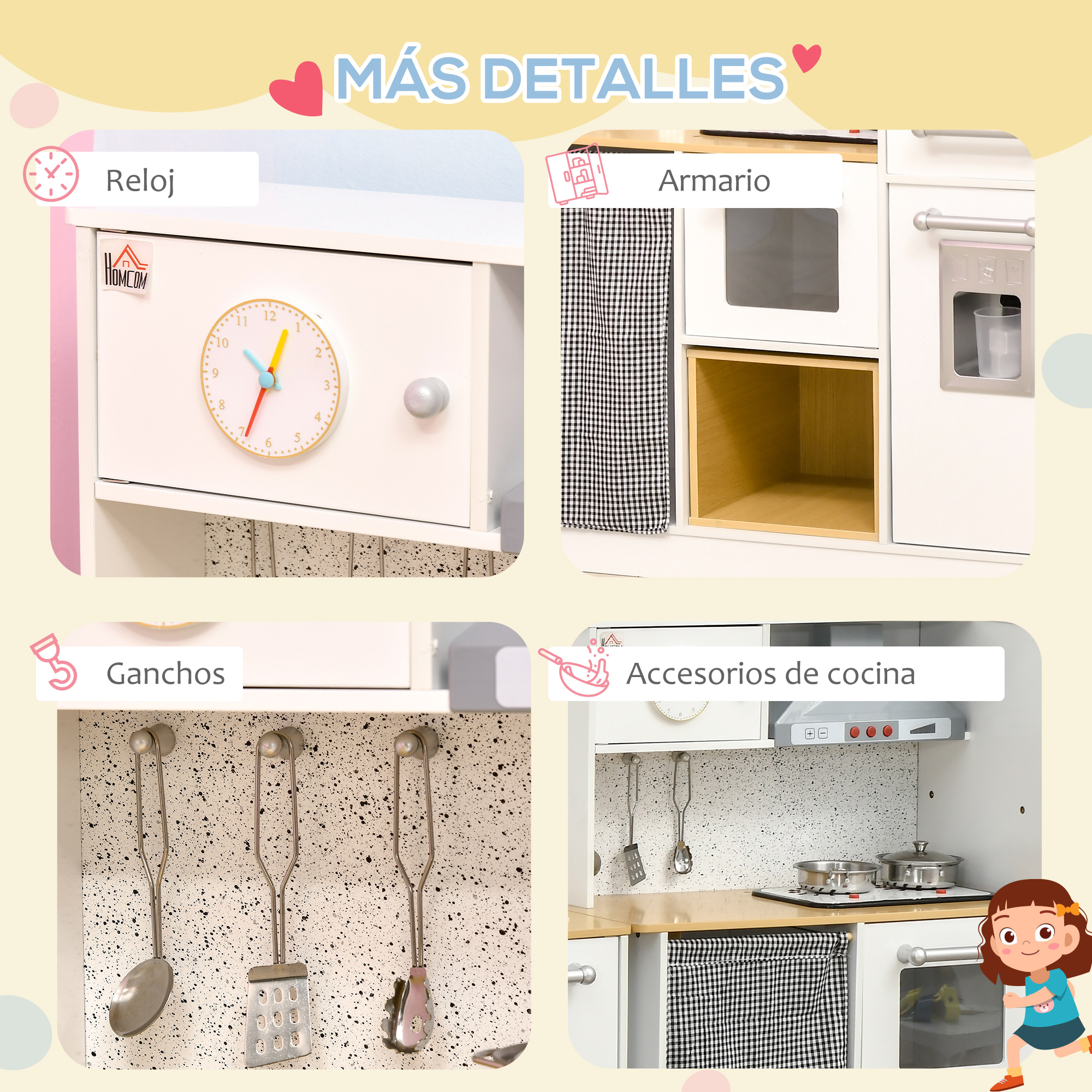 Una cocina de juguete para niños con reloj, armario, utensilios y una niña de dibujos animados. La cocina es blanca con detalles en blanco y negro.
