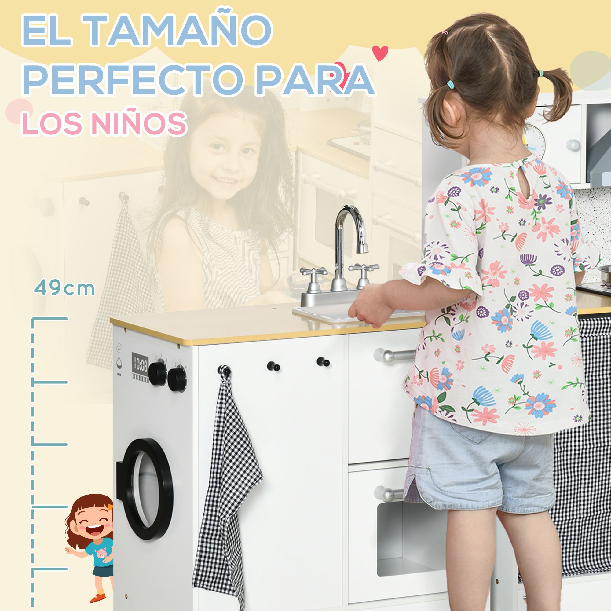 Una niña juega con una cocina de juguete. La cocina es blanca e incluye un fregadero, una estufa y una lavadora.