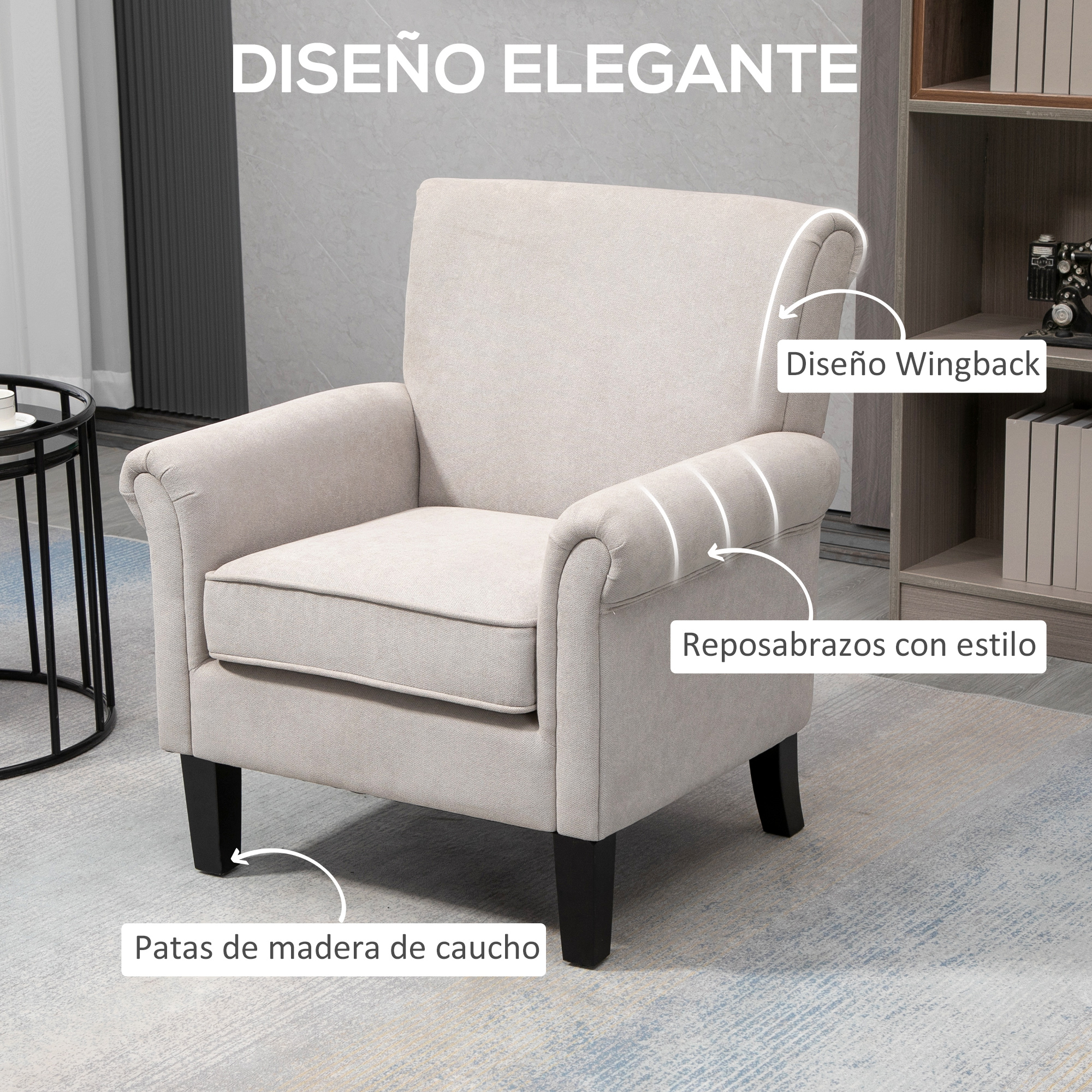 Un sillón beige con patas de madera, una mesa auxiliar y una estantería están en una habitación con una alfombra estampada.