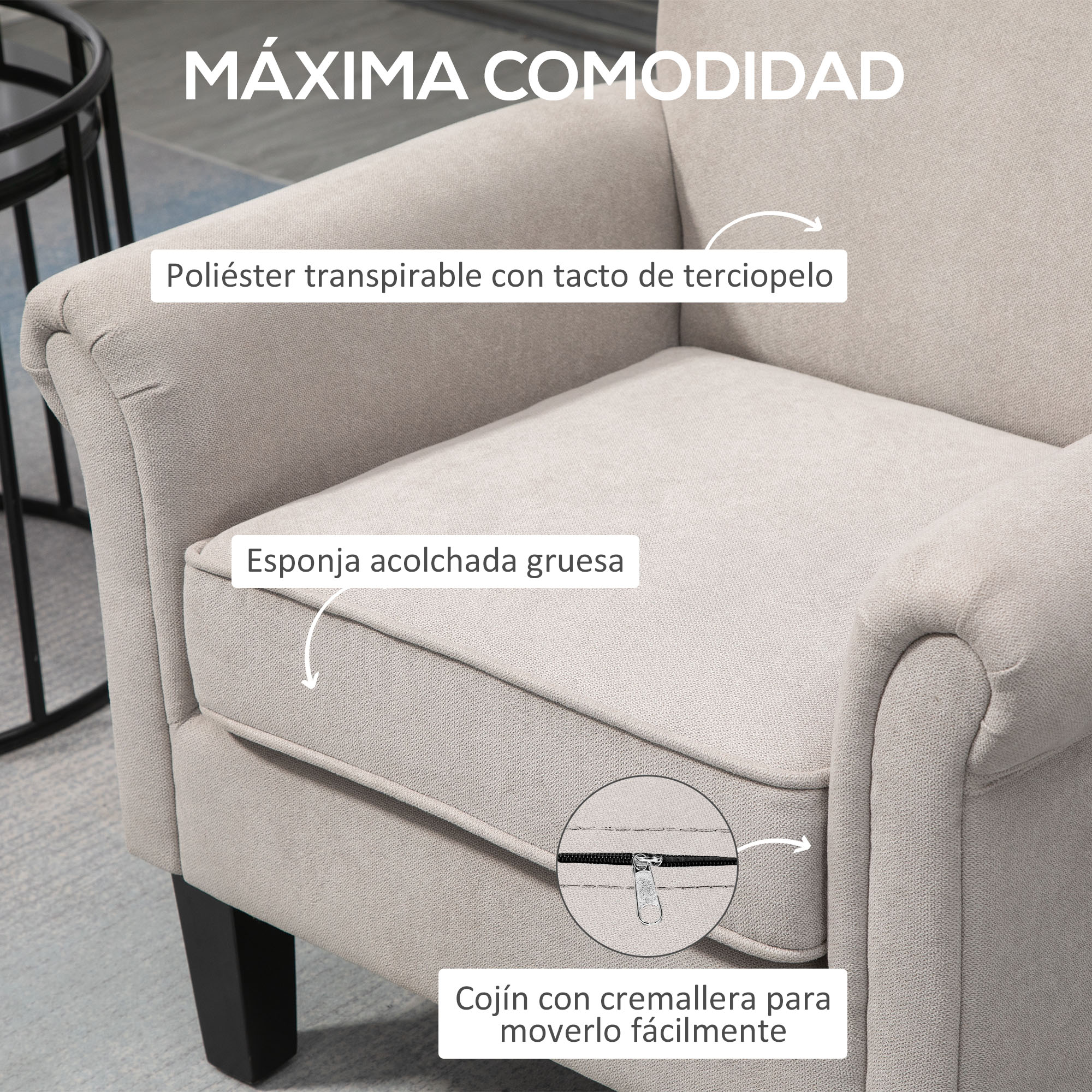 Primer plano de un sillón beige. Incluye un cojín grueso, cremallera y tejido de poliéster transpirable con tacto aterciopelado.