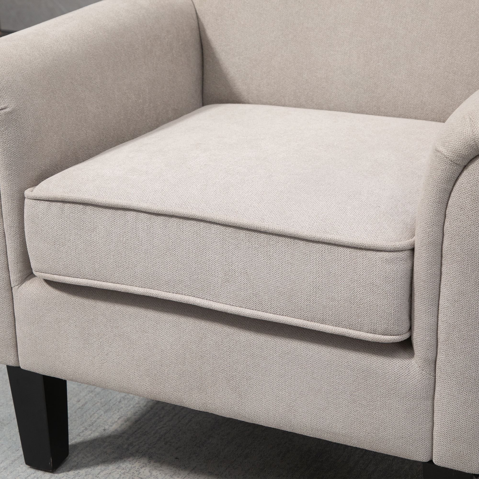 Primer plano de un sillón beige. Se ven el cojín del asiento y el reposabrazos. Pata negra abajo a la izquierda.