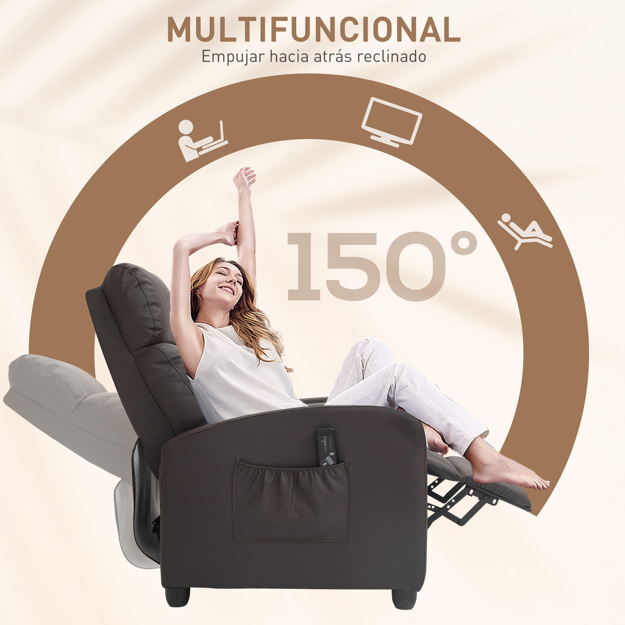 Una mujer se reclina en un sillón gris oscuro con los brazos levantados. La silla se reclina a 150 grados. El fondo es beige.