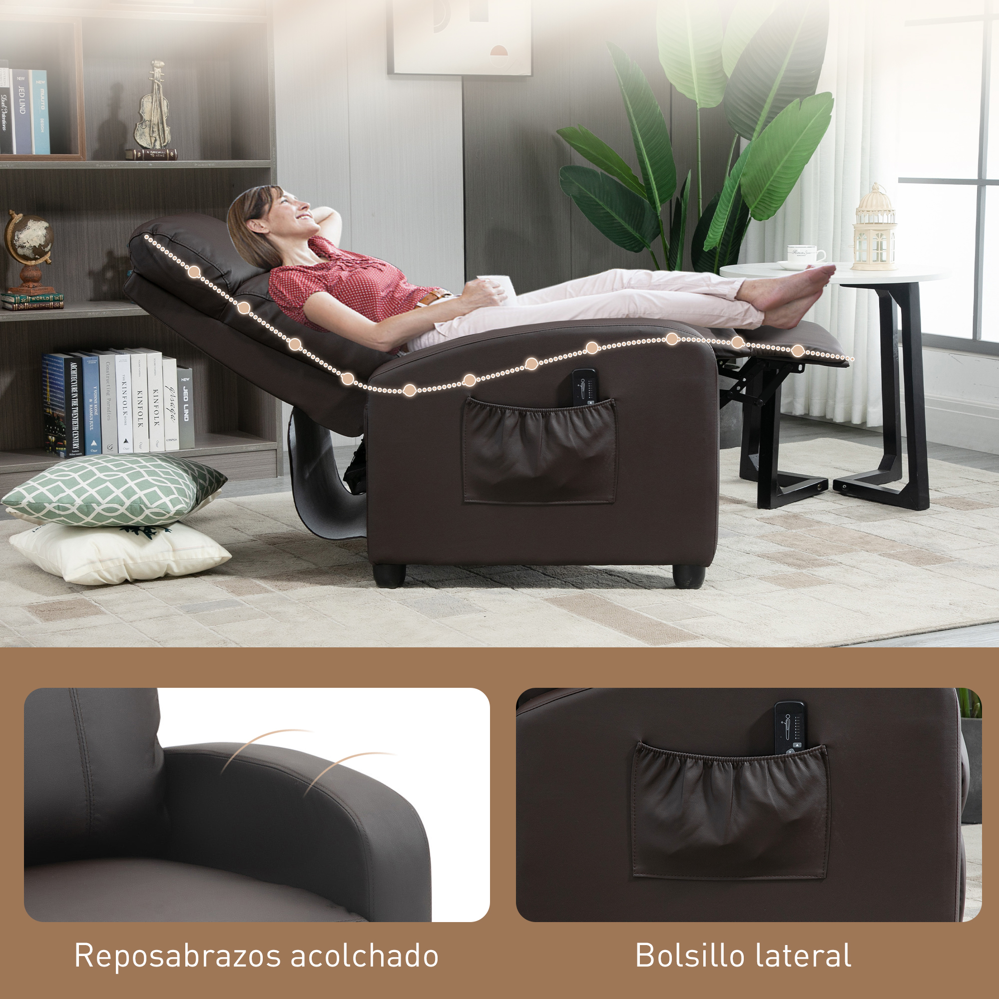 Una mujer se relaja en un sillón reclinable marrón. La escena incluye una mesa auxiliar, una planta y una estantería en el fondo.