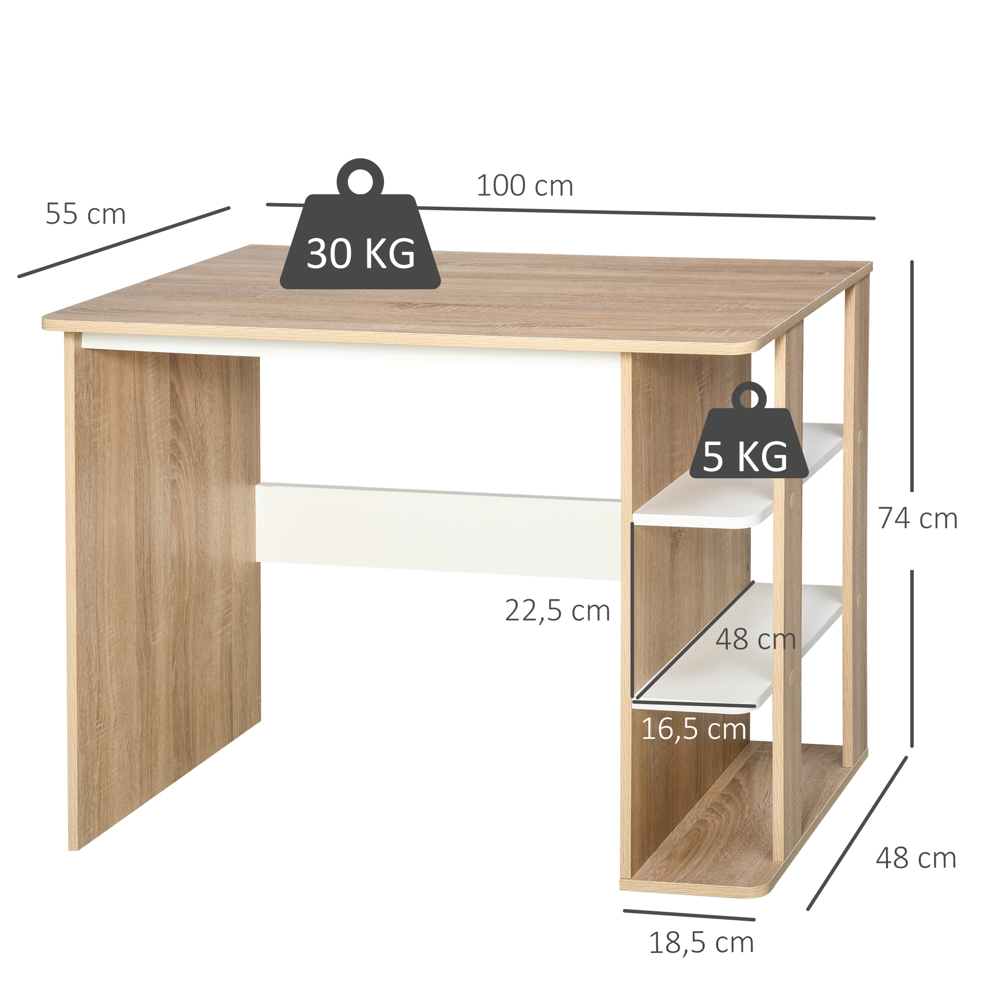 Un escritorio de madera con dimensiones y etiquetas de peso. Tiene una tapa de madera clara y detalles blancos con estantes.