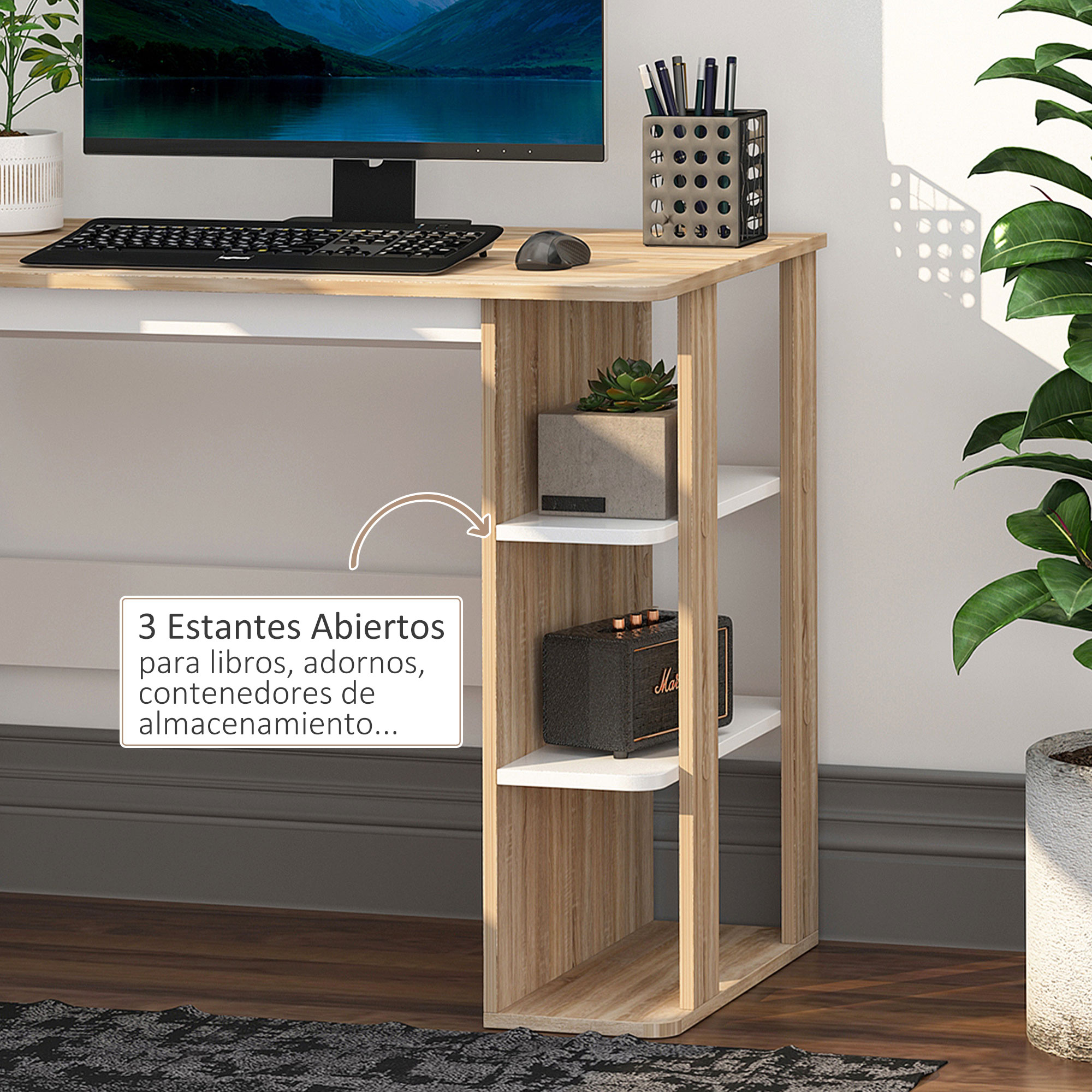 Escritorio de madera con estantes, con una planta, un altavoz y suculentas. Un monitor, un teclado y un ratón están encima.