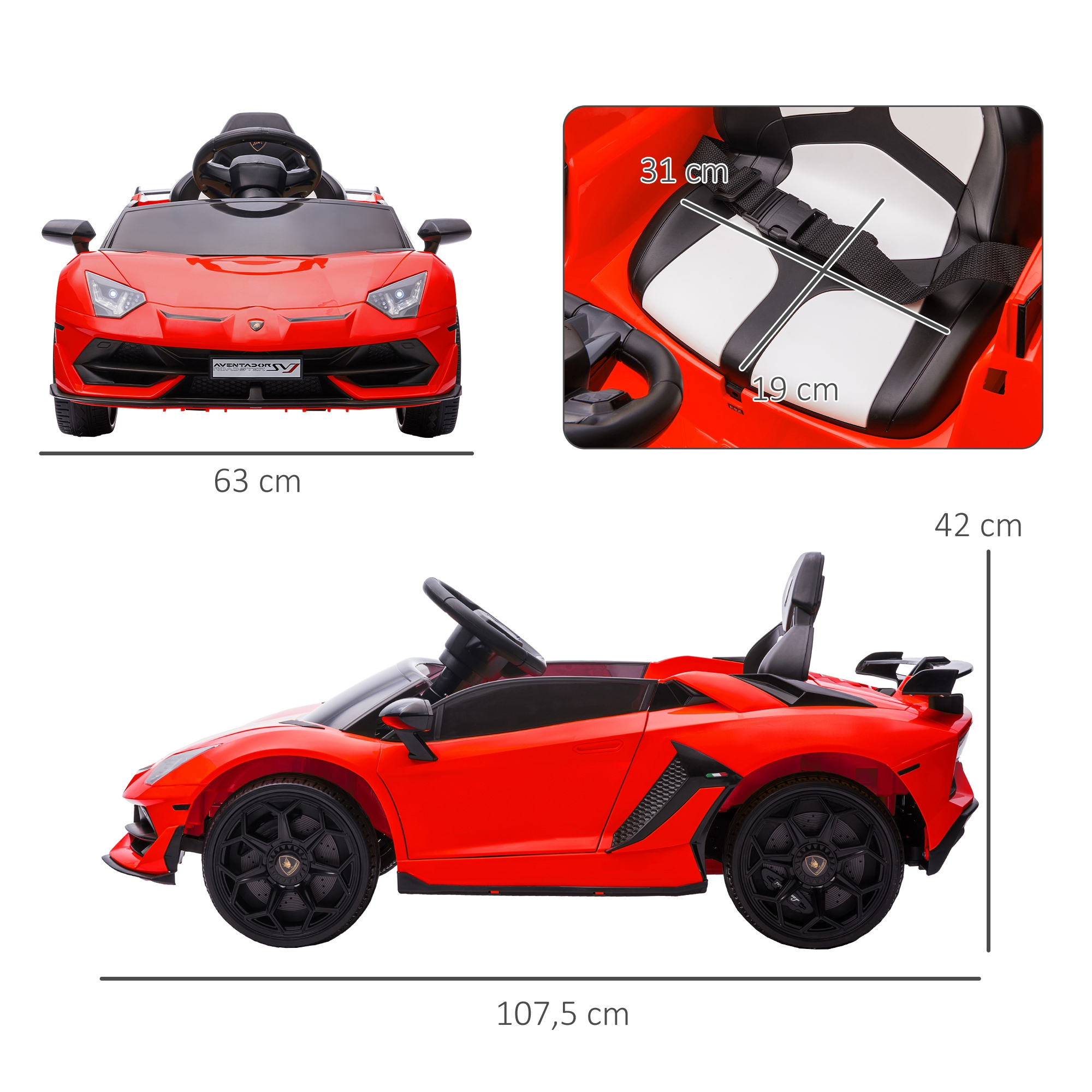 Se muestra un coche de juguete rojo, un Lamborghini Aventador, con ruedas, asiento y volante negros. También se proporcionan dimensiones.