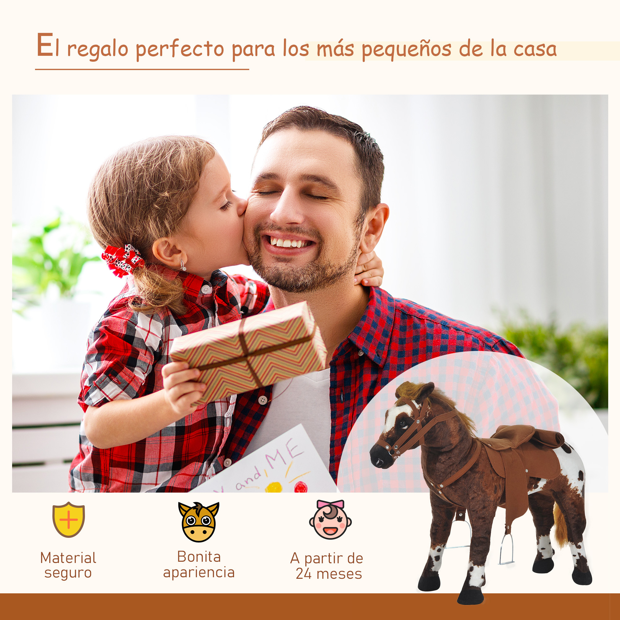 Una niña besa a un hombre sonriente, sosteniendo una caja de regalo. Un caballo de juguete está cerca. La escena es una promoción de regalos.