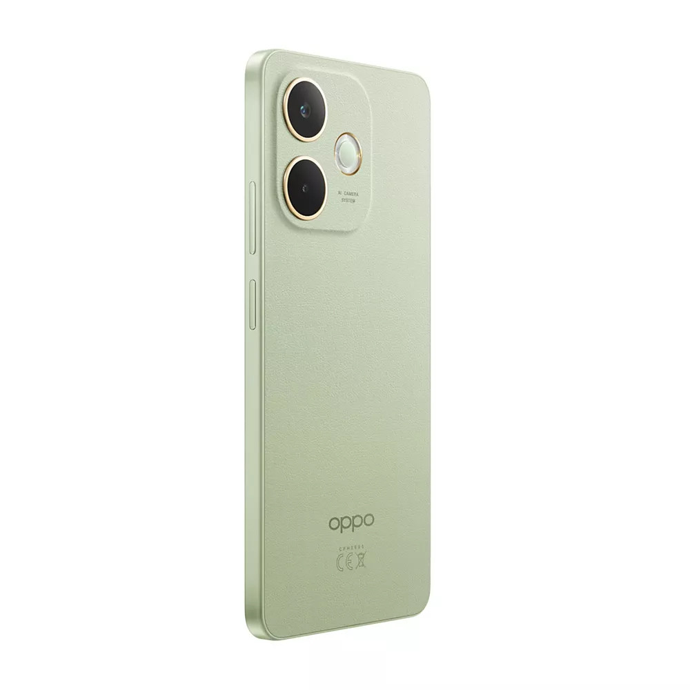 Zielony telefon Oppo. Ma trzy kamery, logo Oppo i oznaczenia CE. Telefon jest na białym tle.