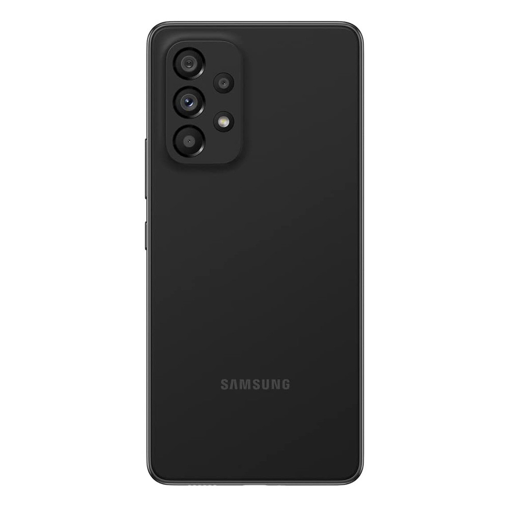 Ein schwarzes Samsung-Telefon. Sichtbar sind die Kameraanordnung, die Ein-/Aus- und Lautstärketasten sowie das Samsung-Logo.